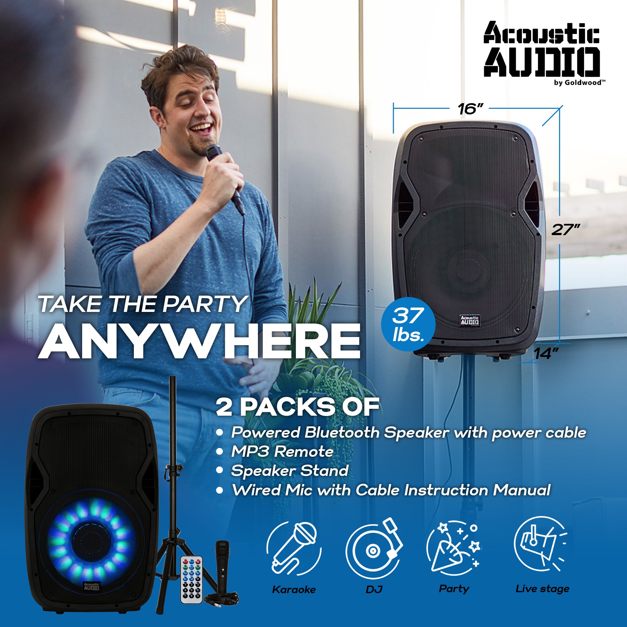 Acoustic Audio by Goldwood 15 Inch 1000W Bluetooth LED Speaker System (2 Pack) - VMInnovations