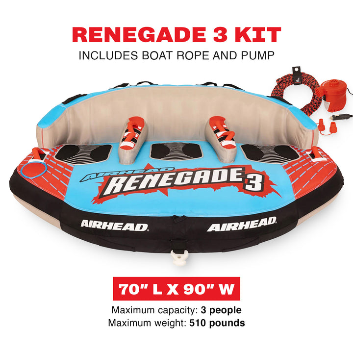 Airhead Renegade 3 Person Inflatable Towable Water Tube Kit w/ Boat Rope & Pump - VMInnovations