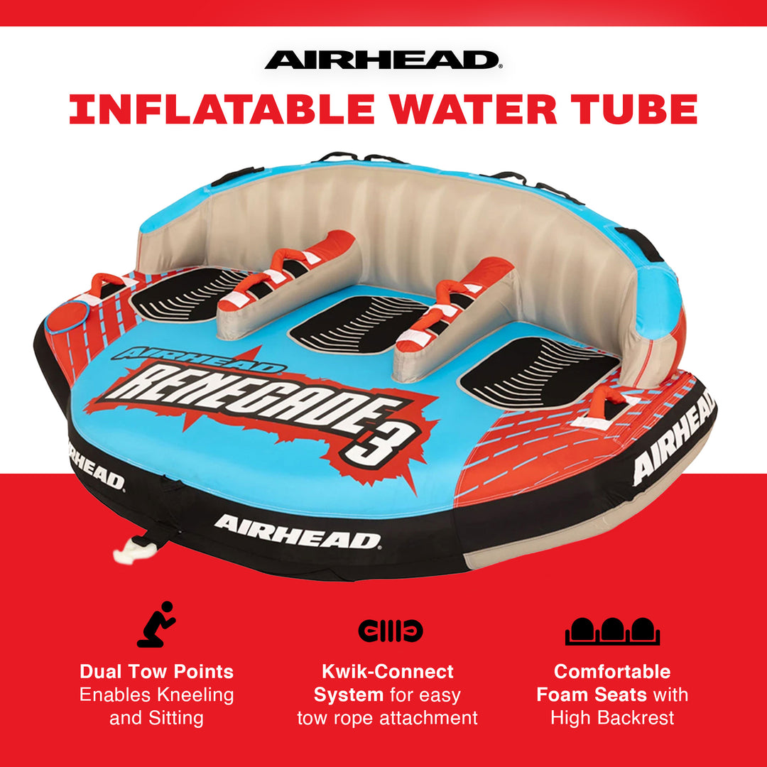 Airhead Renegade 3 Person Inflatable Towable Water Tube Kit w/ Boat Rope & Pump - VMInnovations