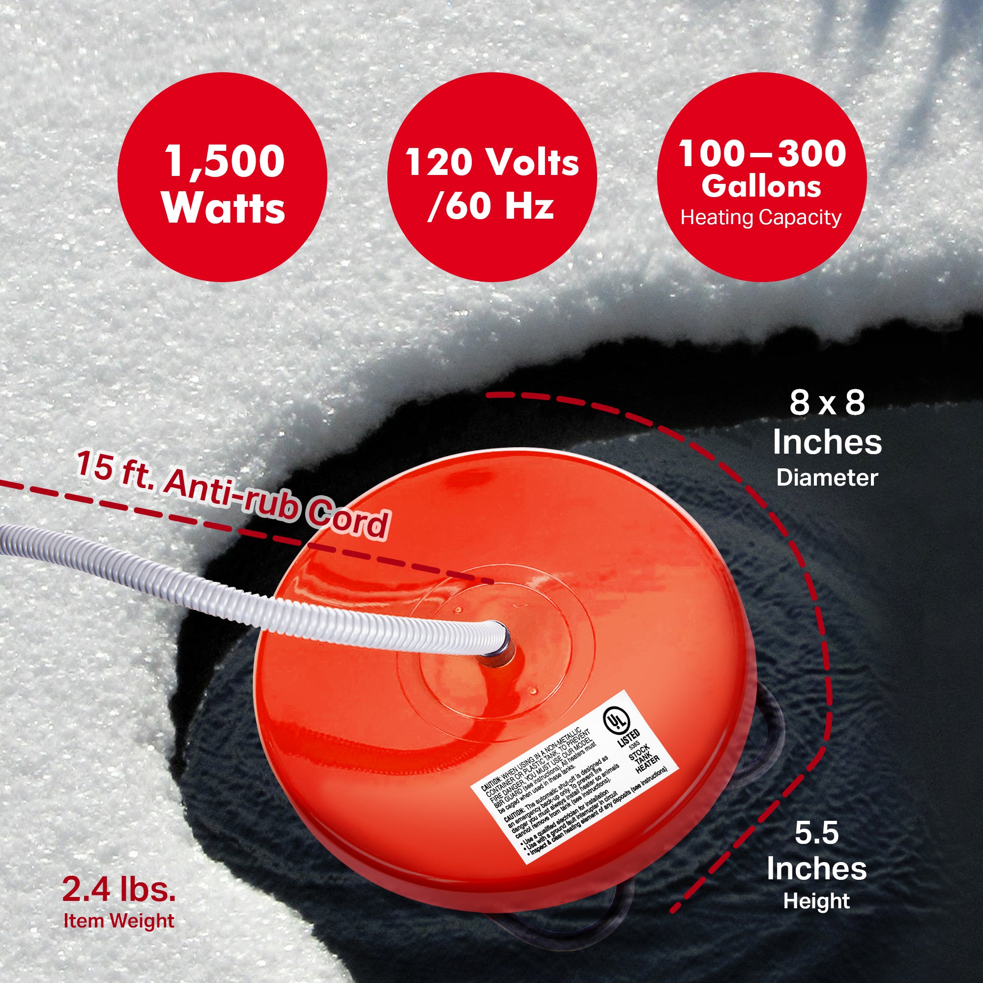 API 1500 Watt Thermostatic Winter Floating Pond Water Deicer and Heater, Red - VMInnovations