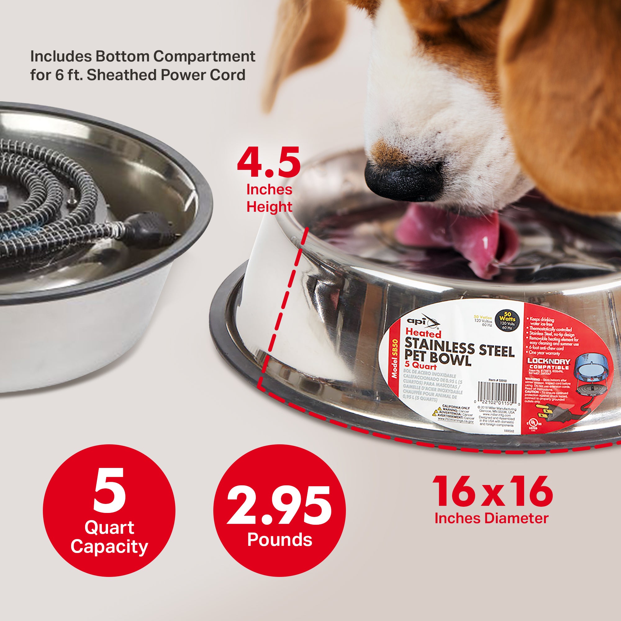 API 5 Quart Stainless Steel Thermostatically Controlled Nestable Heated Pet Bowl - VMInnovations