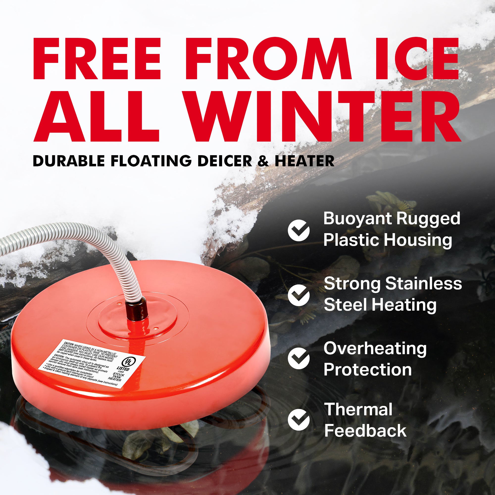 API 1500 Watt Thermostatic Winter Floating Pond Water Deicer and Heater, Red - VMInnovations