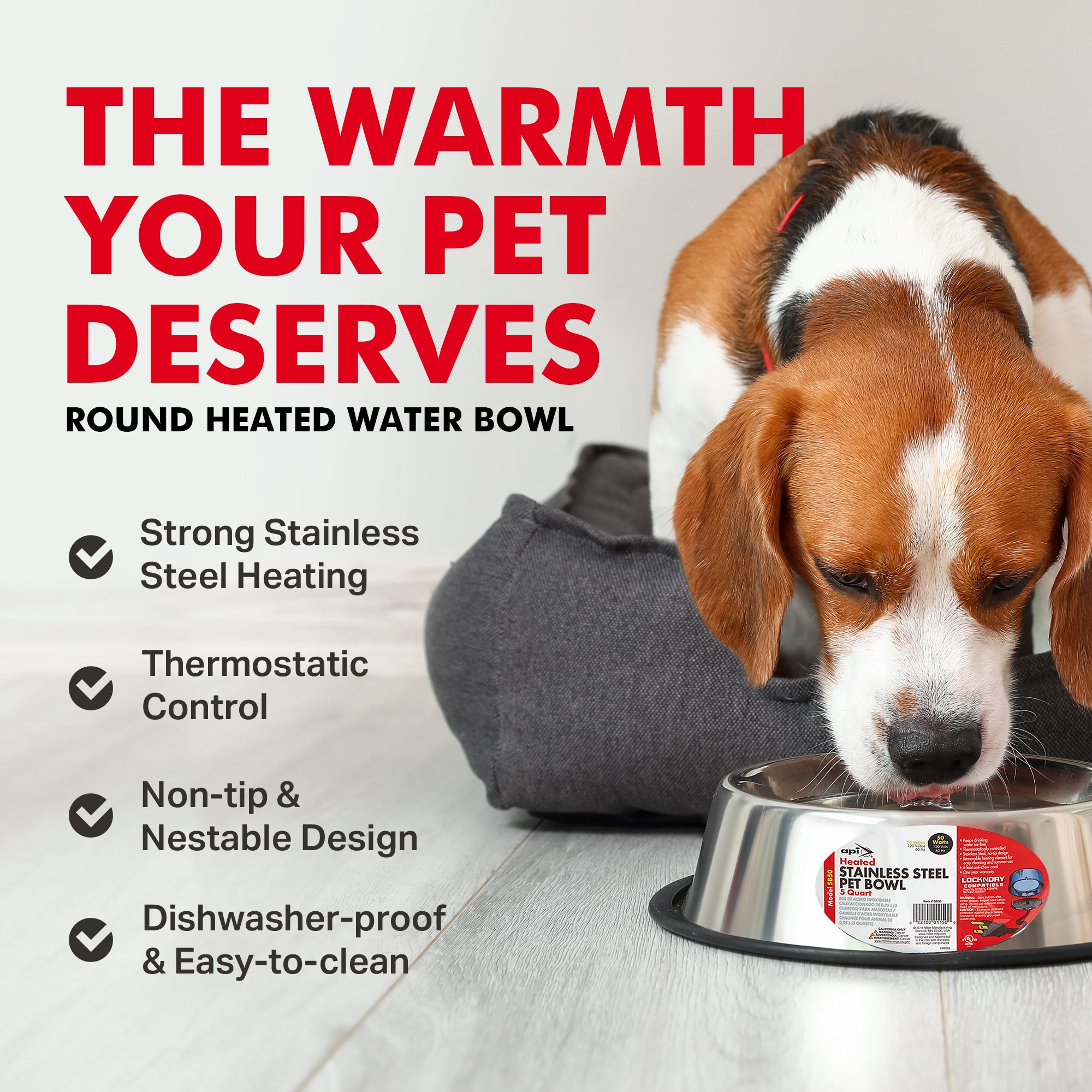 API 5 Quart Stainless Steel Thermostatically Controlled Nestable Heated Pet Bowl - VMInnovations