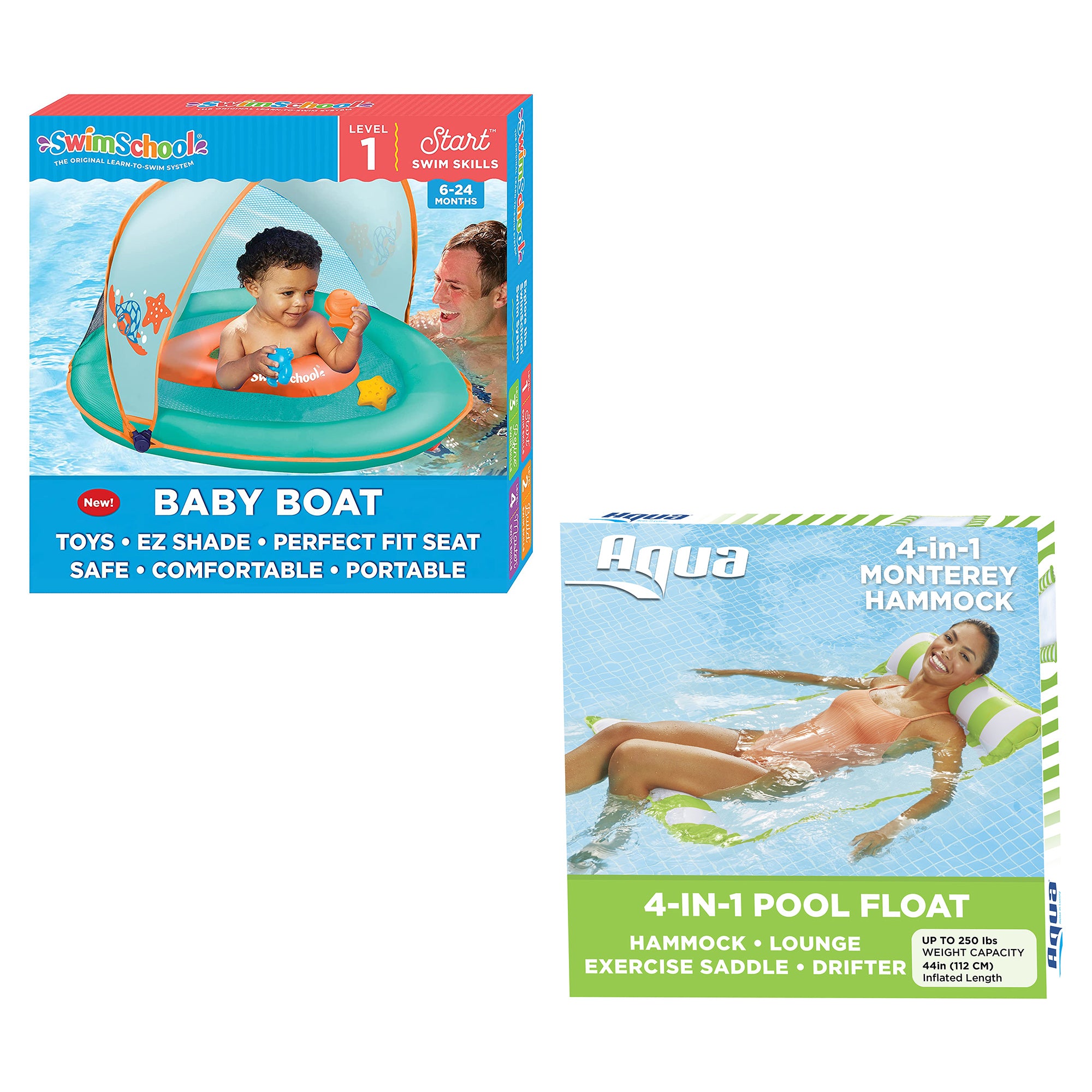 Aqua Leisure 4-in-1 Pool Floating Lounger, Lime & SwimSchool Baby Boat Float - VMInnovations