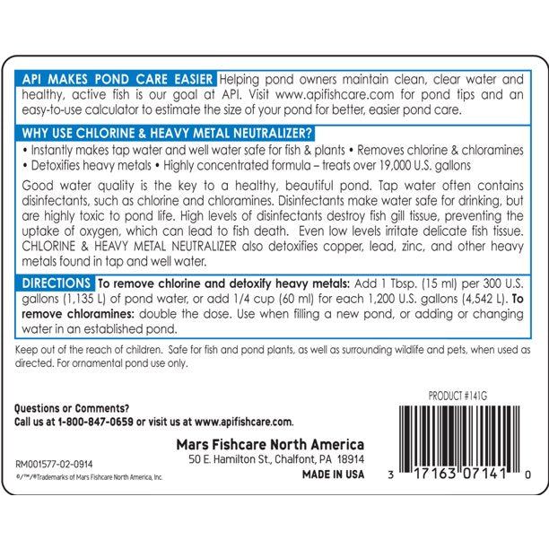 API Pond Chlorine and Heavy Metal Freshwater Tap Water Neutralizer, 1 Gallon