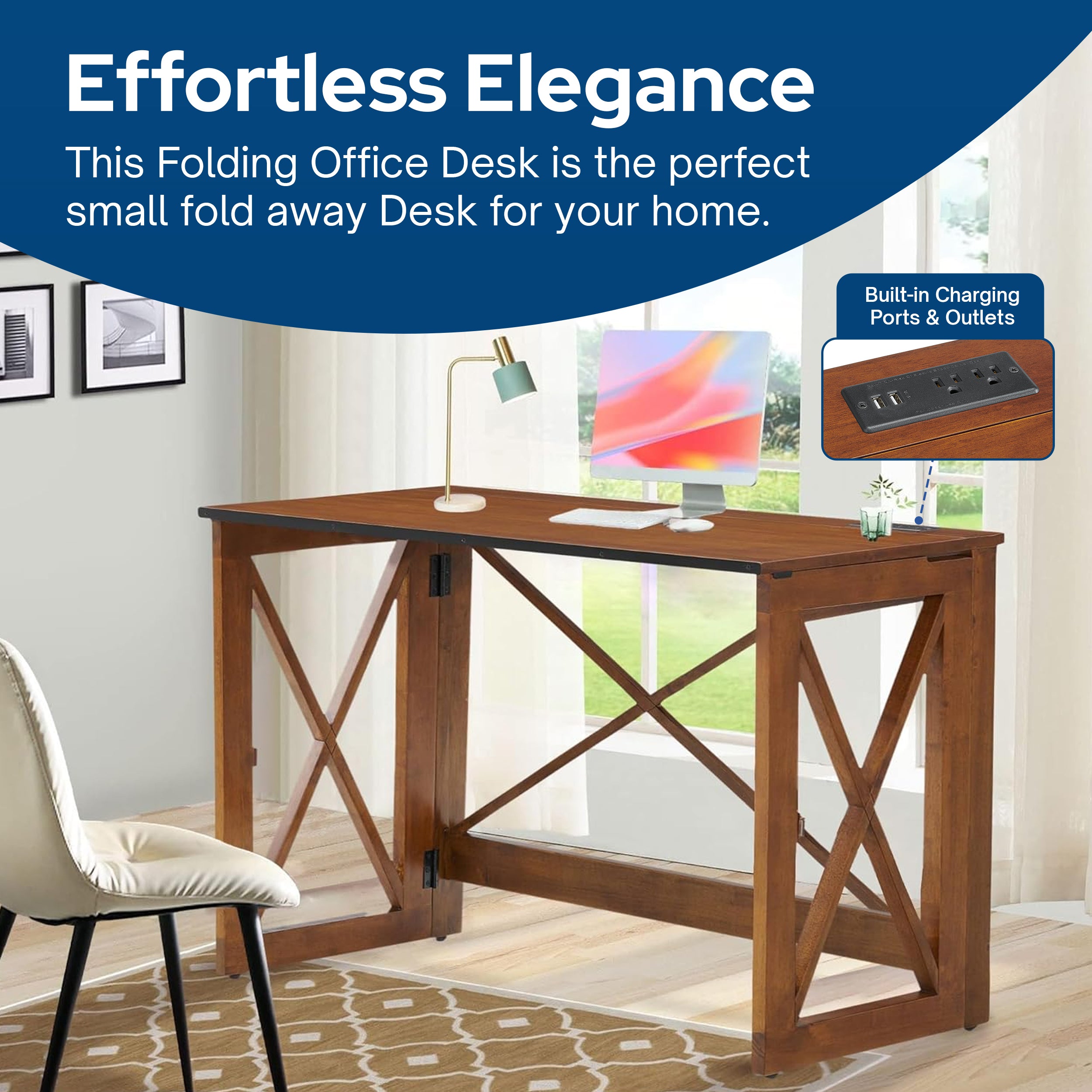 MECO Stakmore Stylish Versatile Folding Desk with Built In Outlets, Fruitwood - VMInnovations