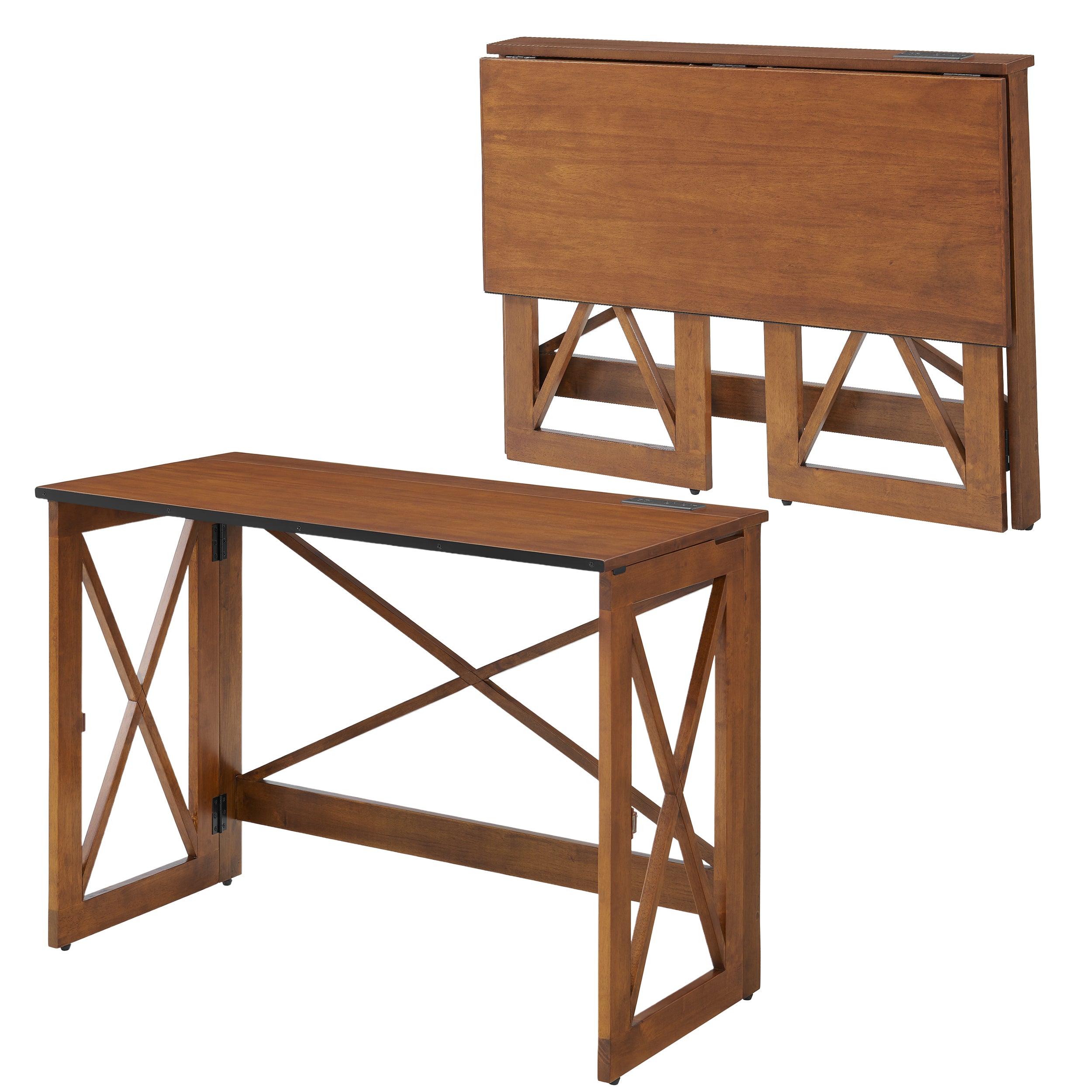 MECO Stakmore Stylish Versatile Folding Desk with Built In Outlets, Fruitwood - VMInnovations