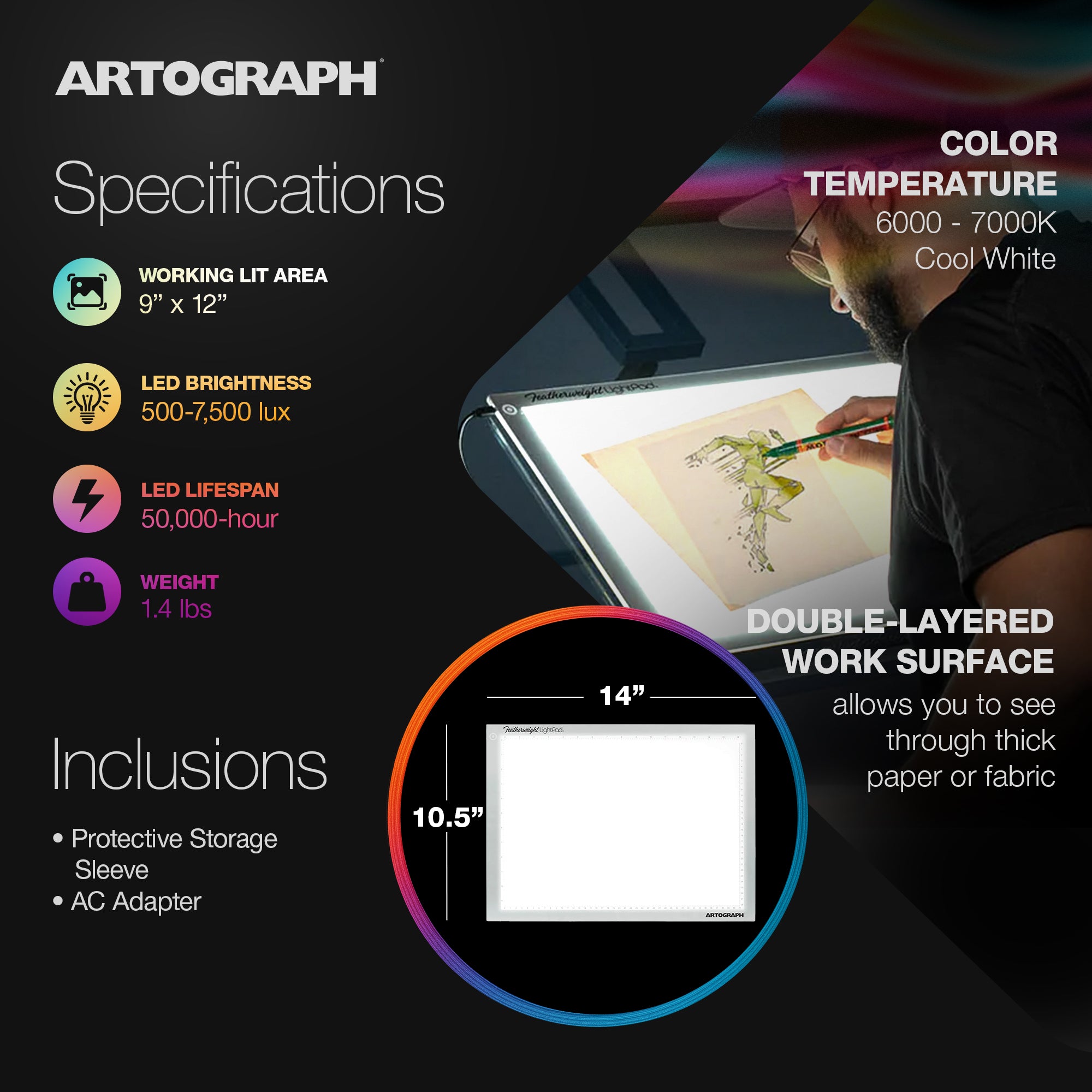 Artograph Featherweight LightPad, 9" x 12" Dimmable LED Light Box for Drawing