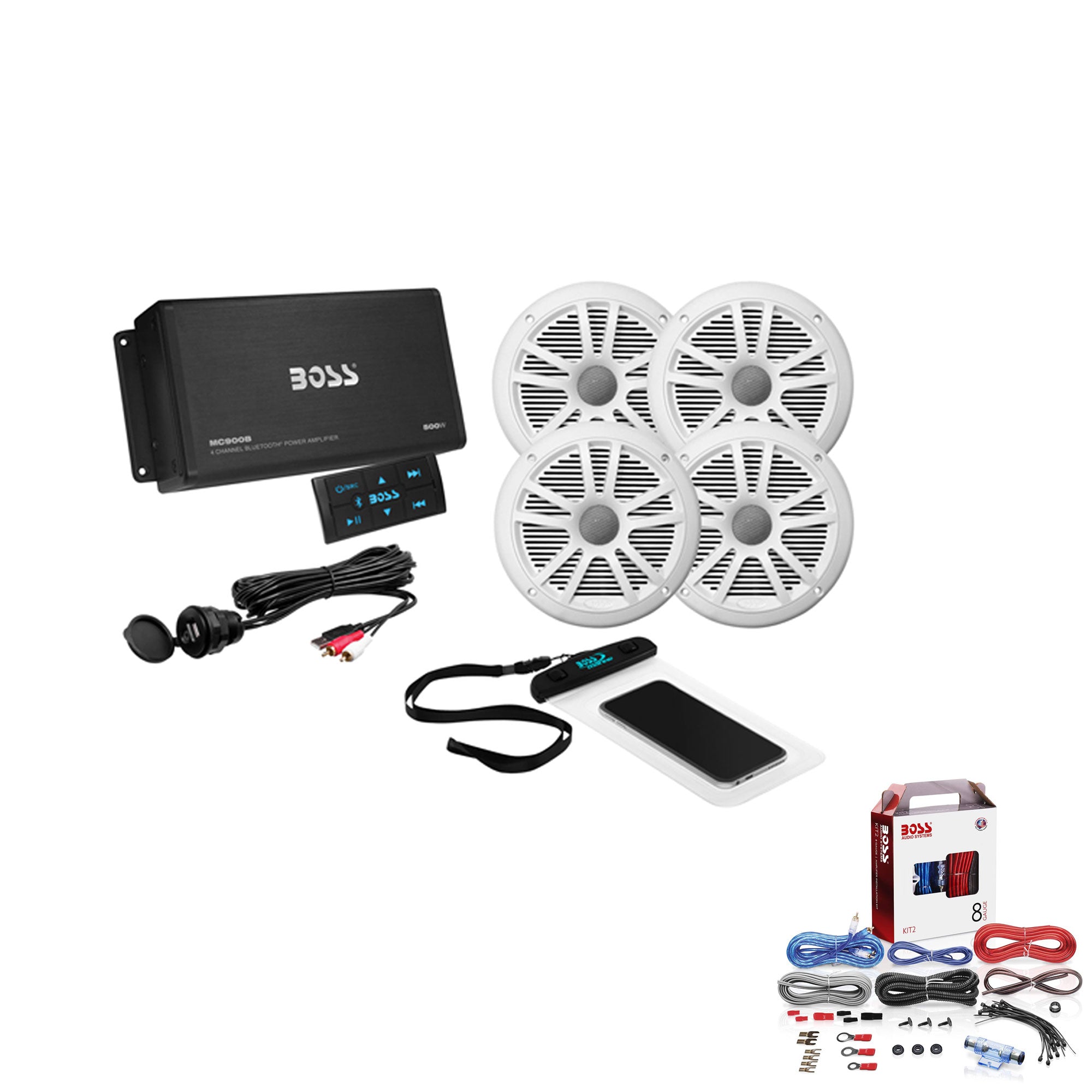 Boss Marine Audio Amplifier & Speakers Bundle With KIT2 Installation Wiring Kit - VMInnovations