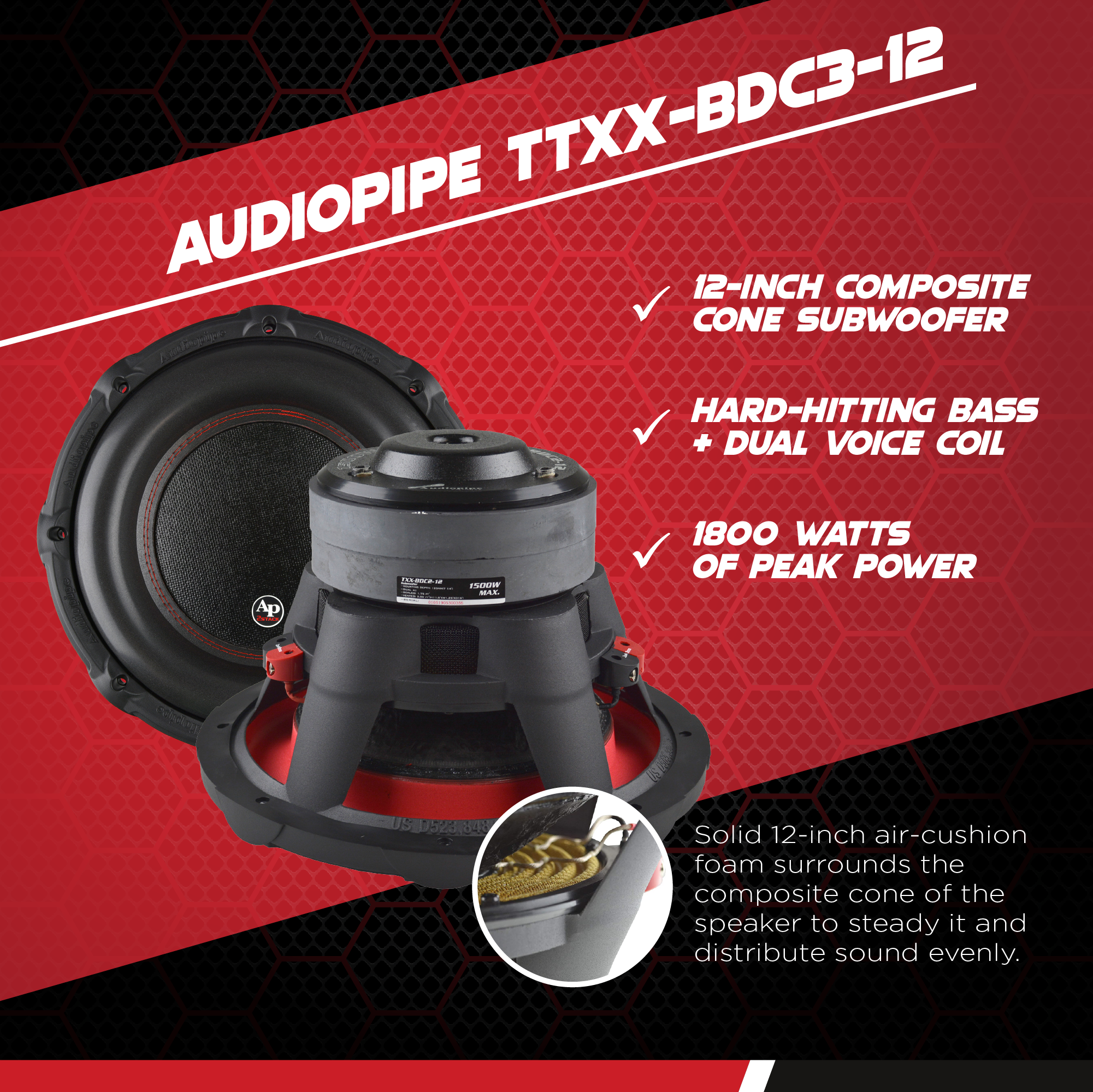 Audiopipe Car Audio Package w/ 1800W Class D Mono Amp and 2 12" 1800W Subwoofers - VMInnovations