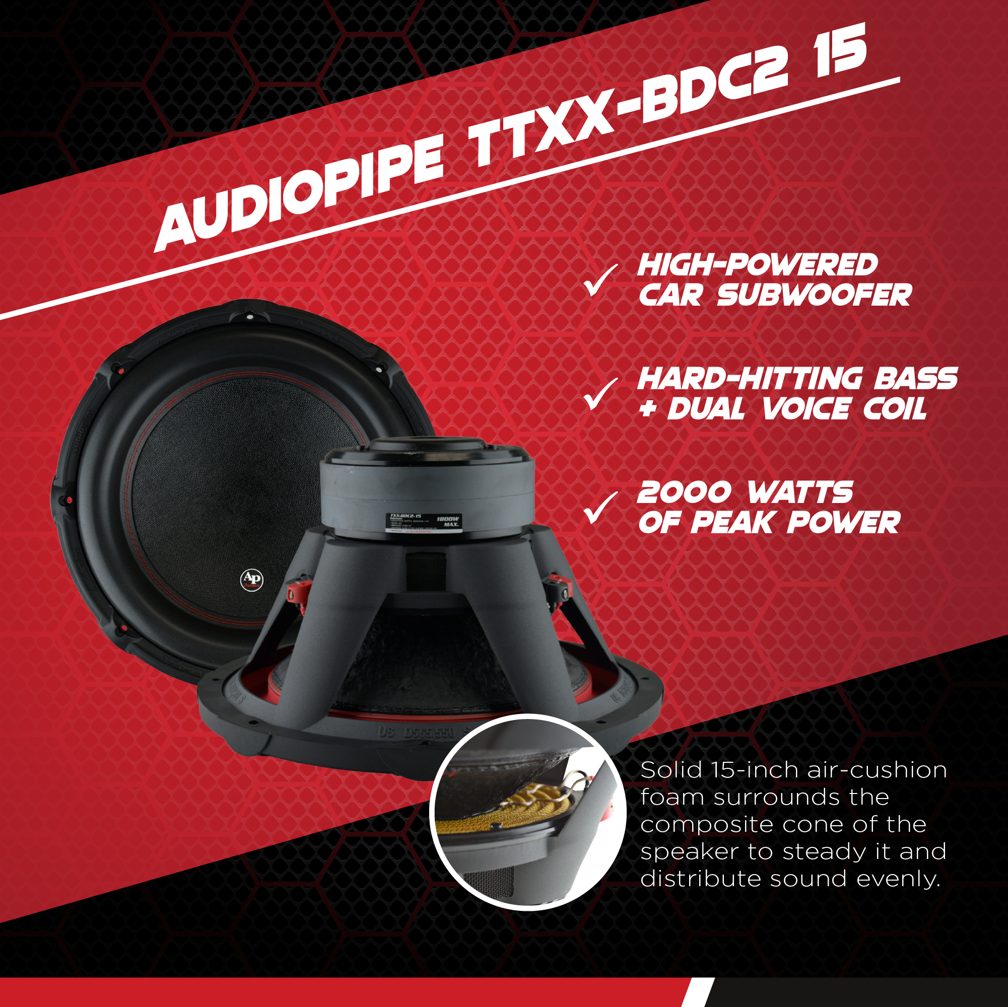 AudioPipe TXX-BD2-15 High Power 1800W 15" 4 Ohm DVC Car Audio Subwoofer (4 Pack) - VMInnovations