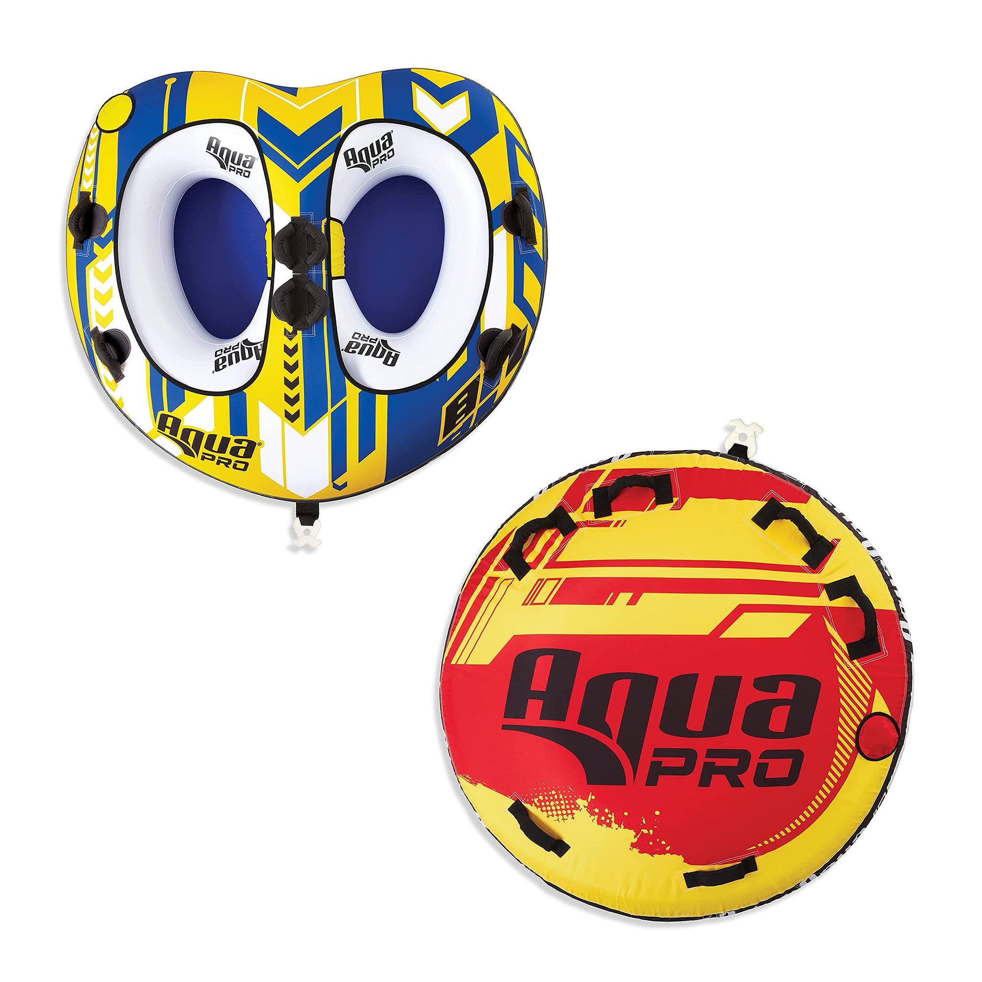 AquaPro Heavy Duty 60 In 1 Rider, Yellow & Red, and 65 In 2 Rider, Yellow & Blue
