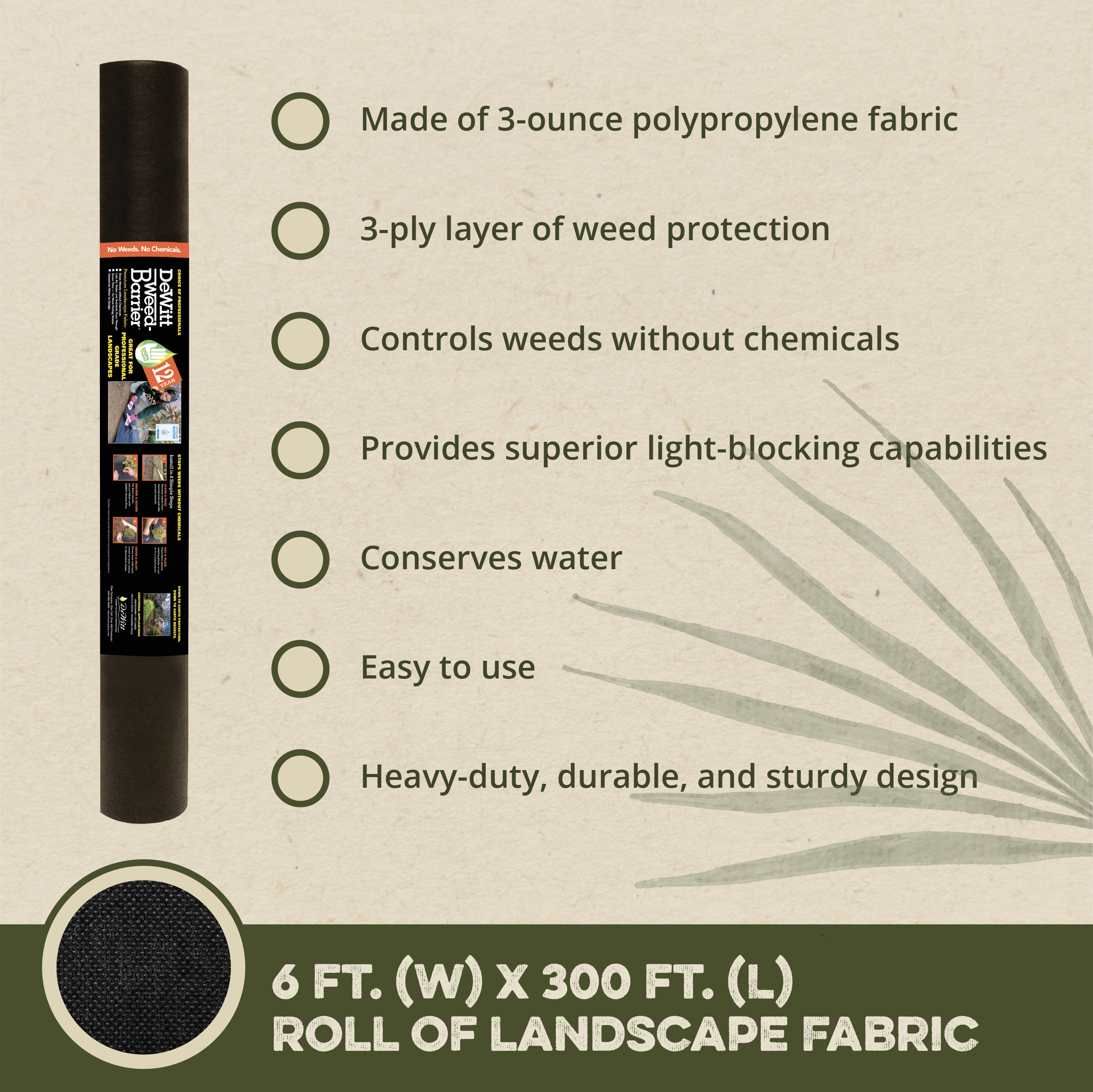DeWitt 12 Year 6 x 300 Feet 3 Ply Nonwoven Landscape Fabric Home Weed Barrier - VMInnovations
