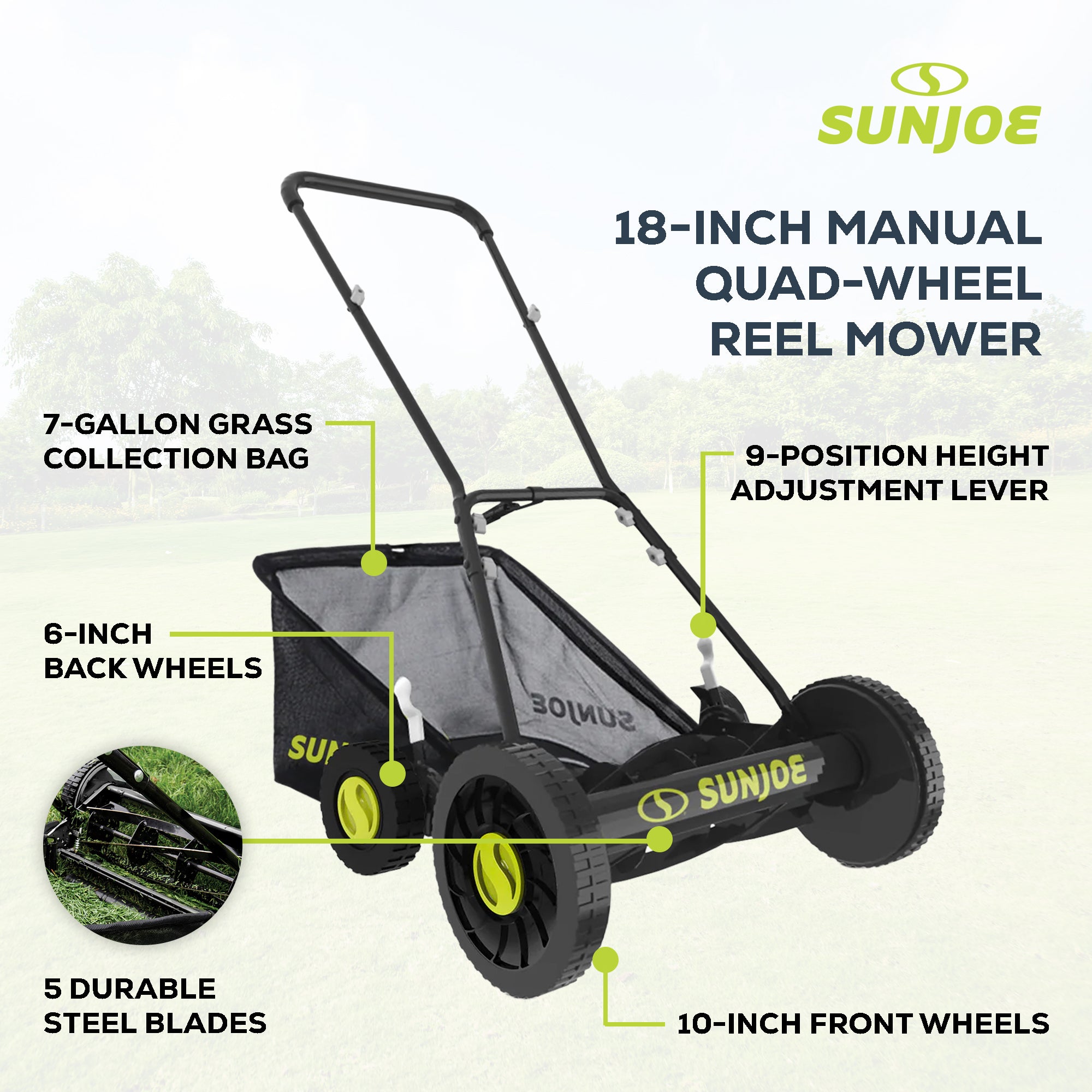 Sun Joe Manual Reel 18" Push Behind Lawn Mower with Grass Catcher, SUJ-MJ501M