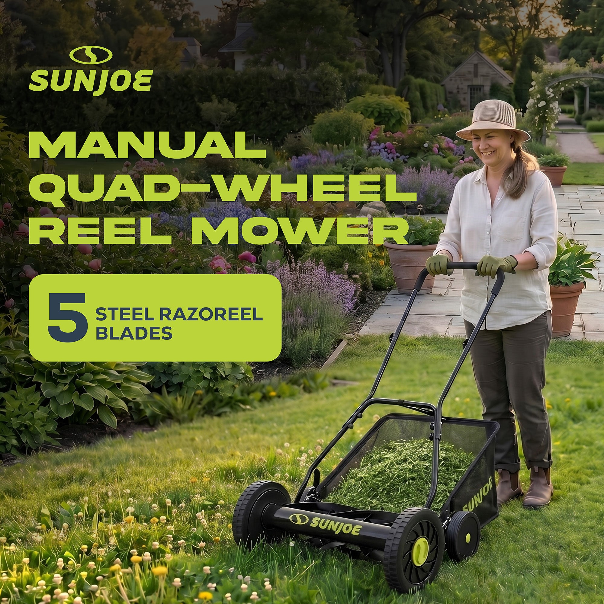 Sun Joe Manual Push Reel Lawn Mower, 20” Yard Trimmer with Grass Catcher, MJ502M