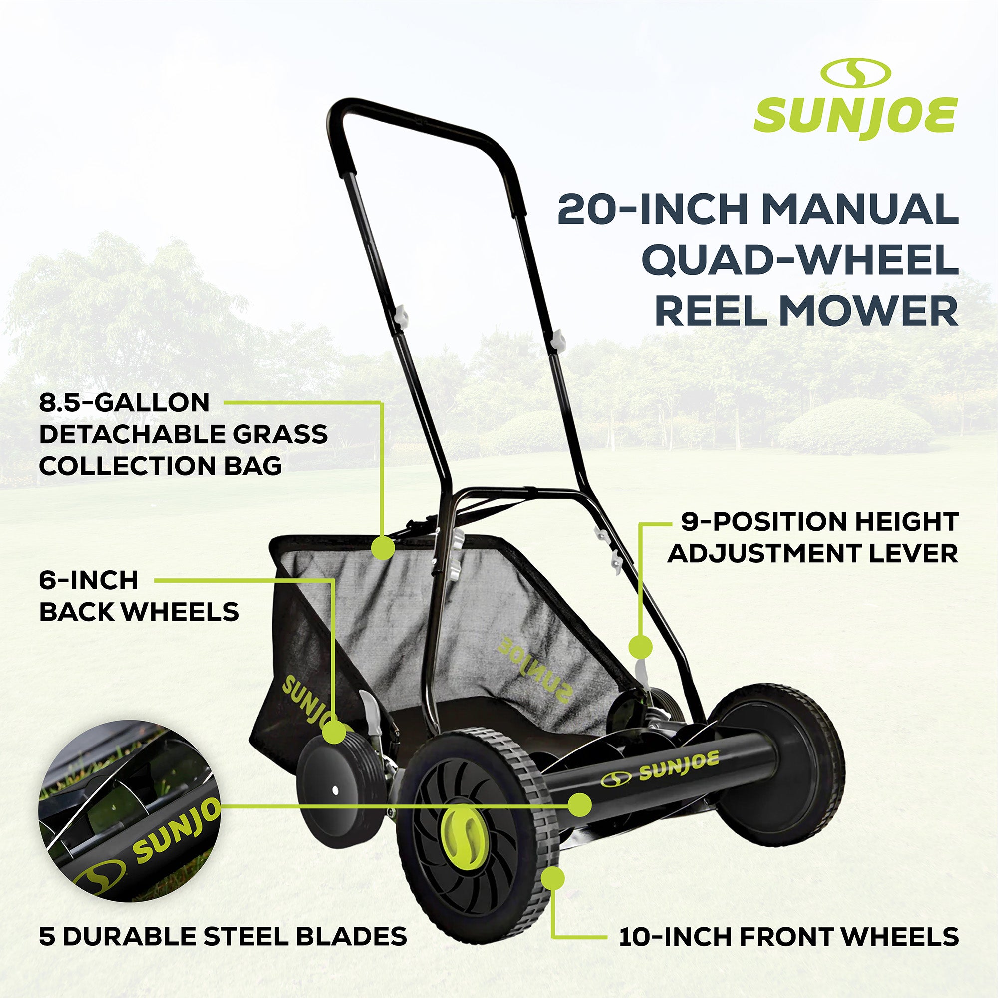 Sun Joe Manual Push Reel Lawn Mower, 20” Yard Trimmer with Grass Catcher, MJ502M