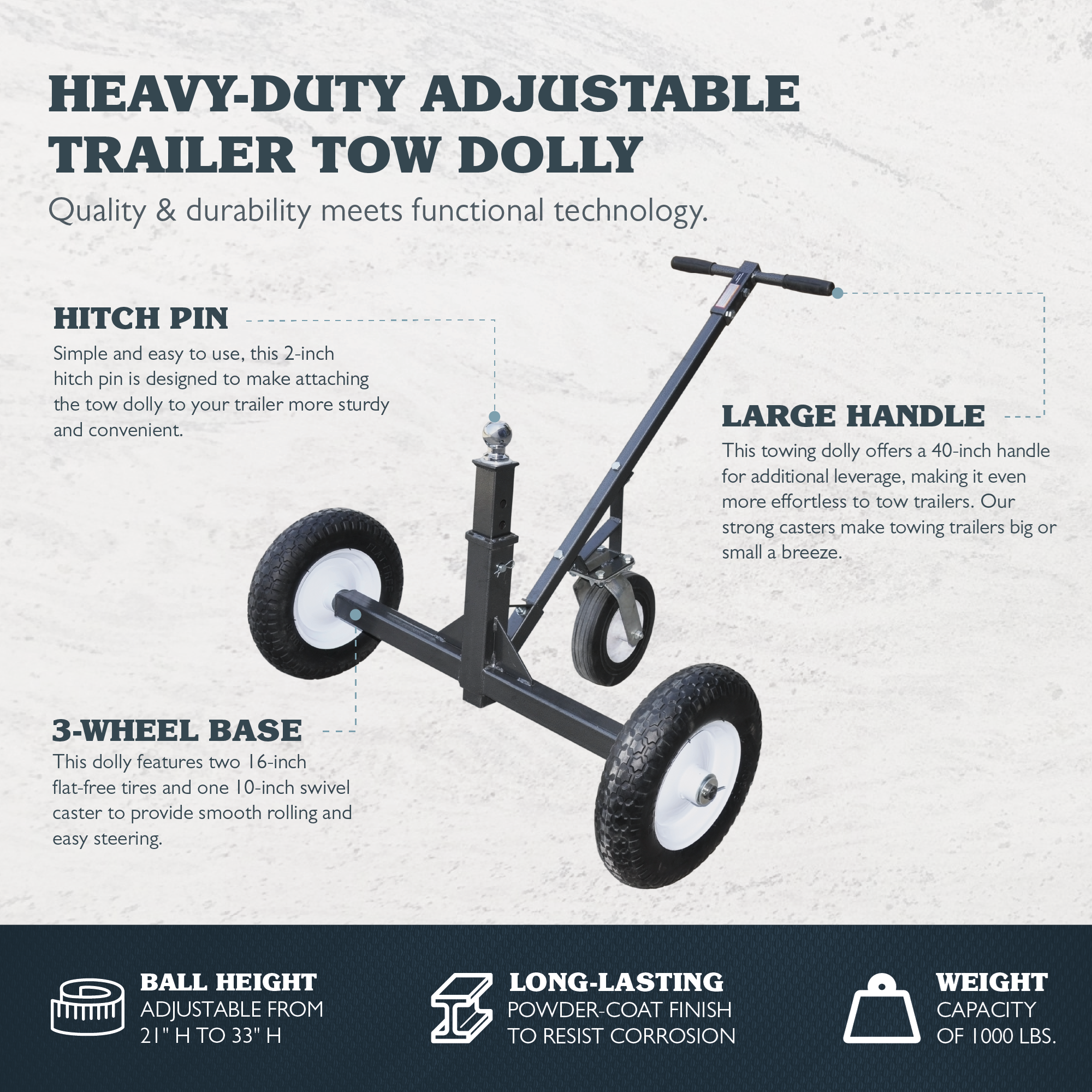 Tow Tuff Adjustable Steel 1000 lb Heavy Duty Trailer Dolly w/ Caster (Open Box) - VMInnovations