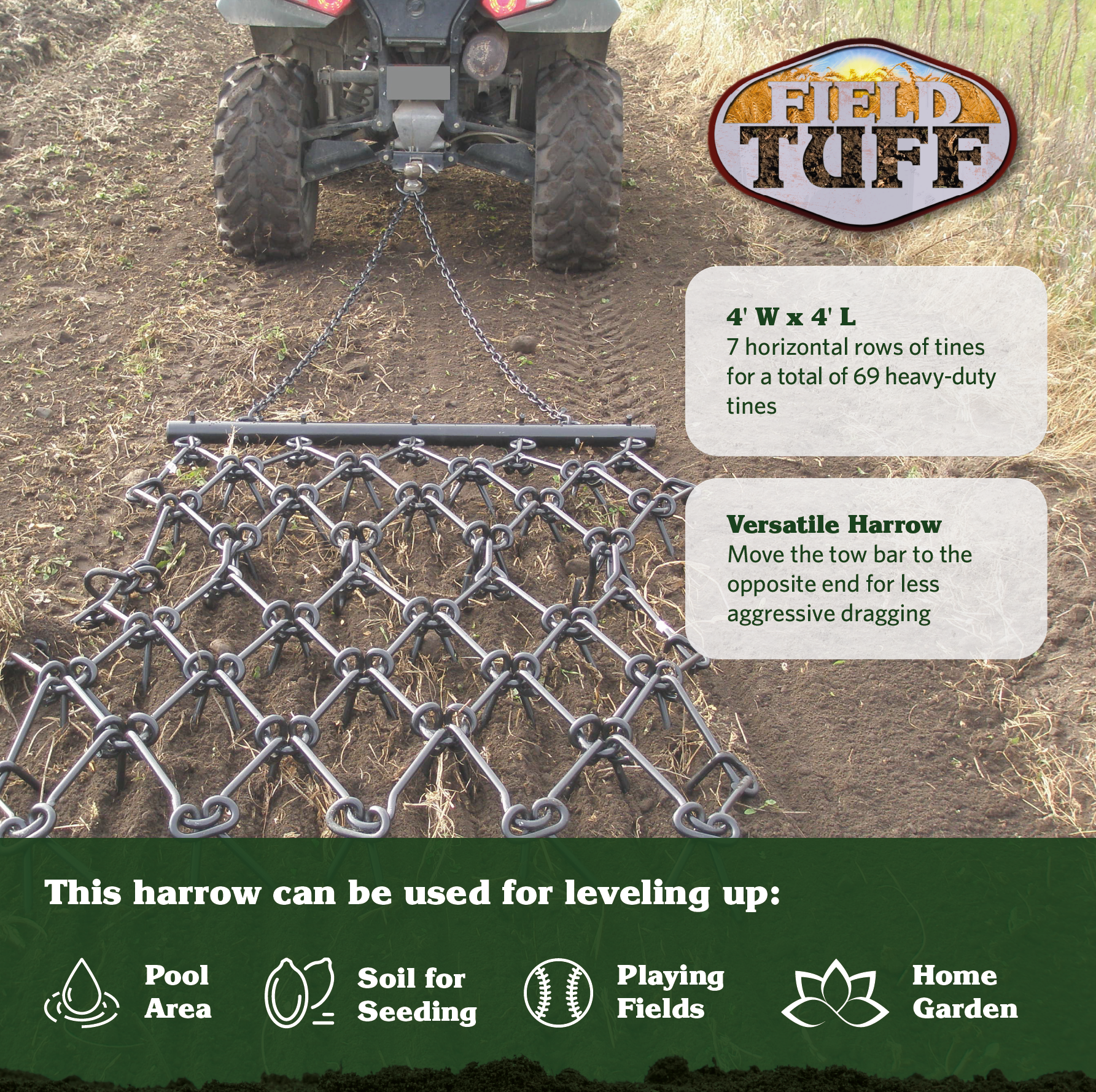 Field Tuff 4x4Ft Steel Durable Chain Rake Field Leveling ATV Drag Harrow (Used) - VMInnovations