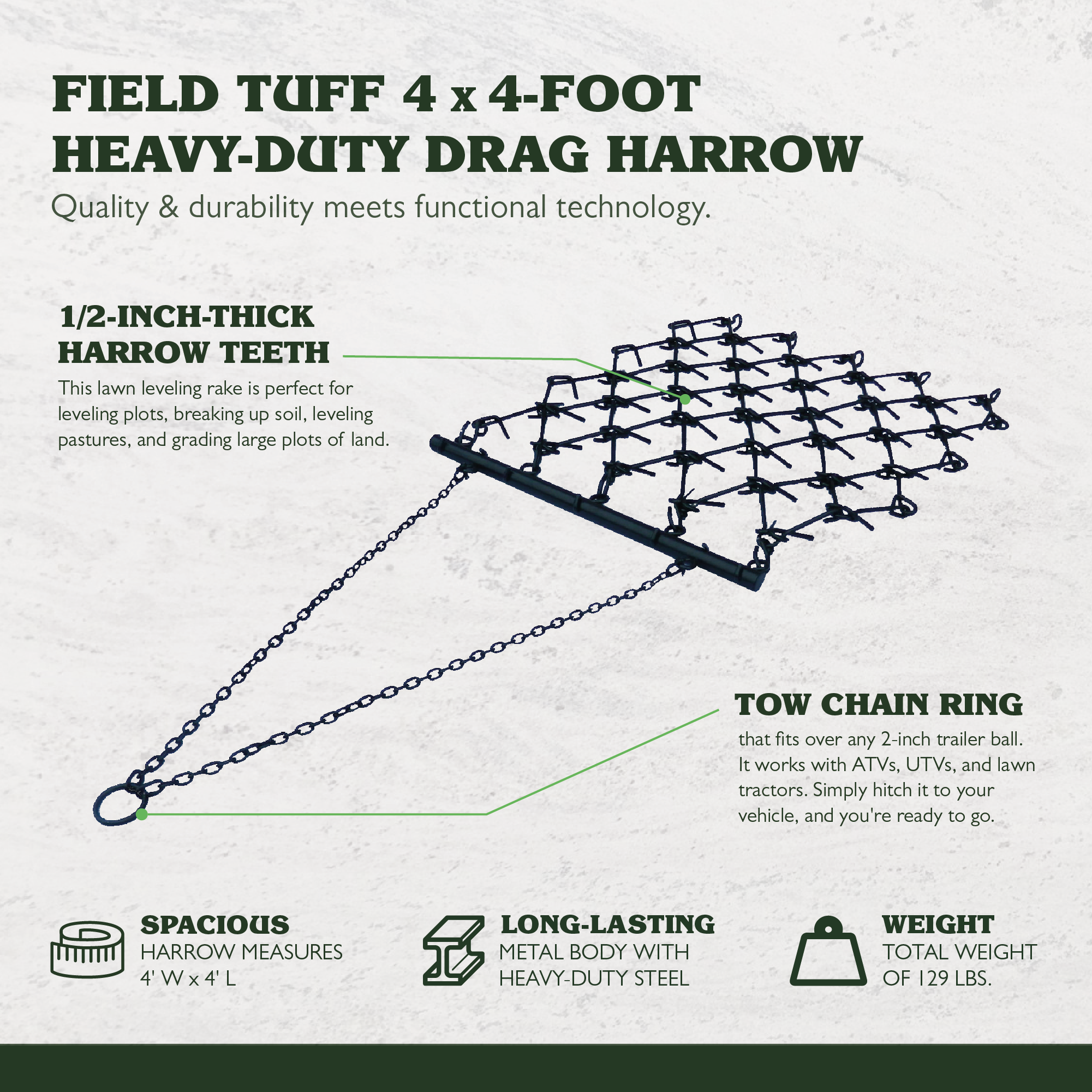 Field Tuff 4x4Ft Steel Durable Chain Rake Field Leveling ATV Drag Harrow (Used) - VMInnovations