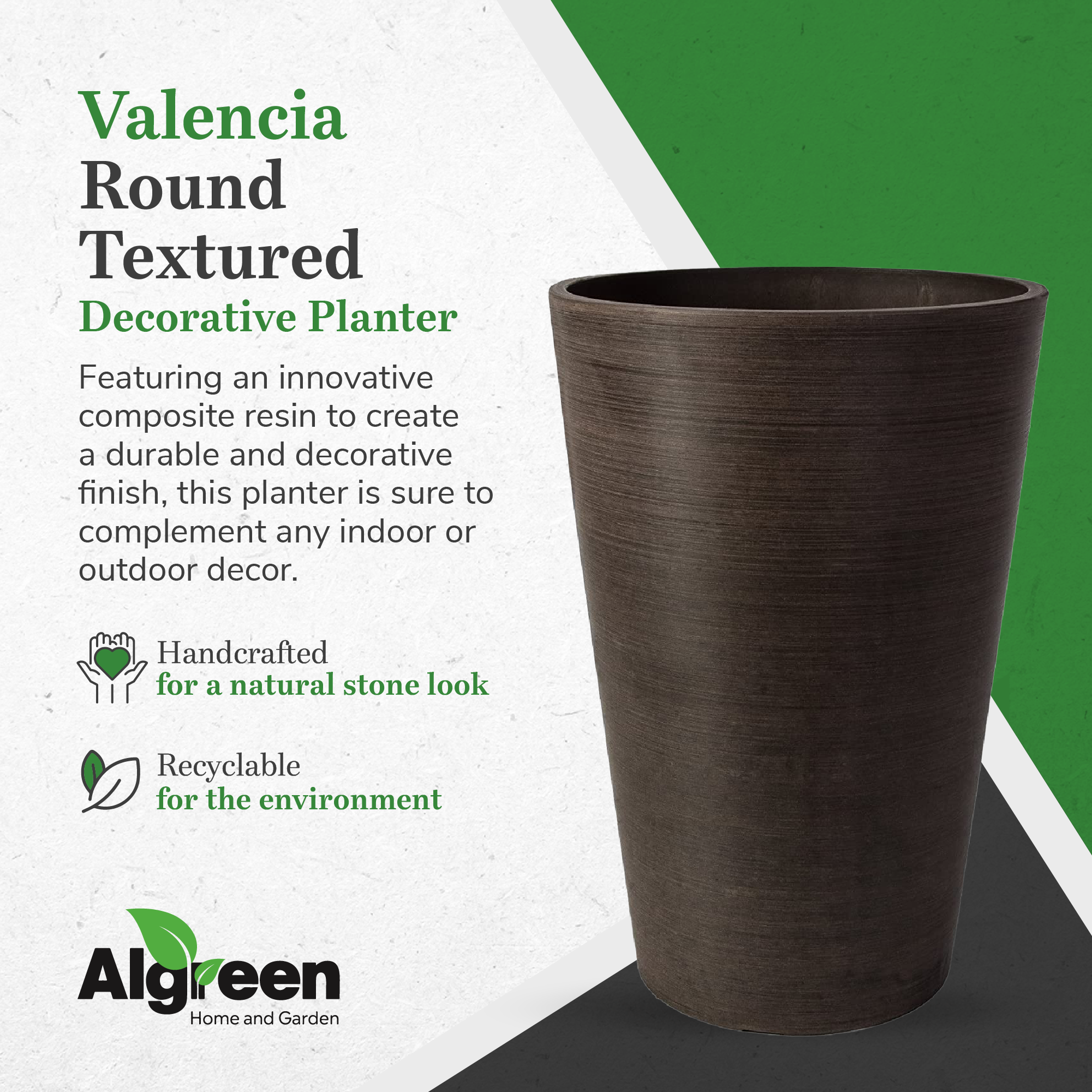 Algreen 16130 Valencia 12 x 18 Inch Round Taper Recycled Planter Pot, Chocolate - VMInnovations
