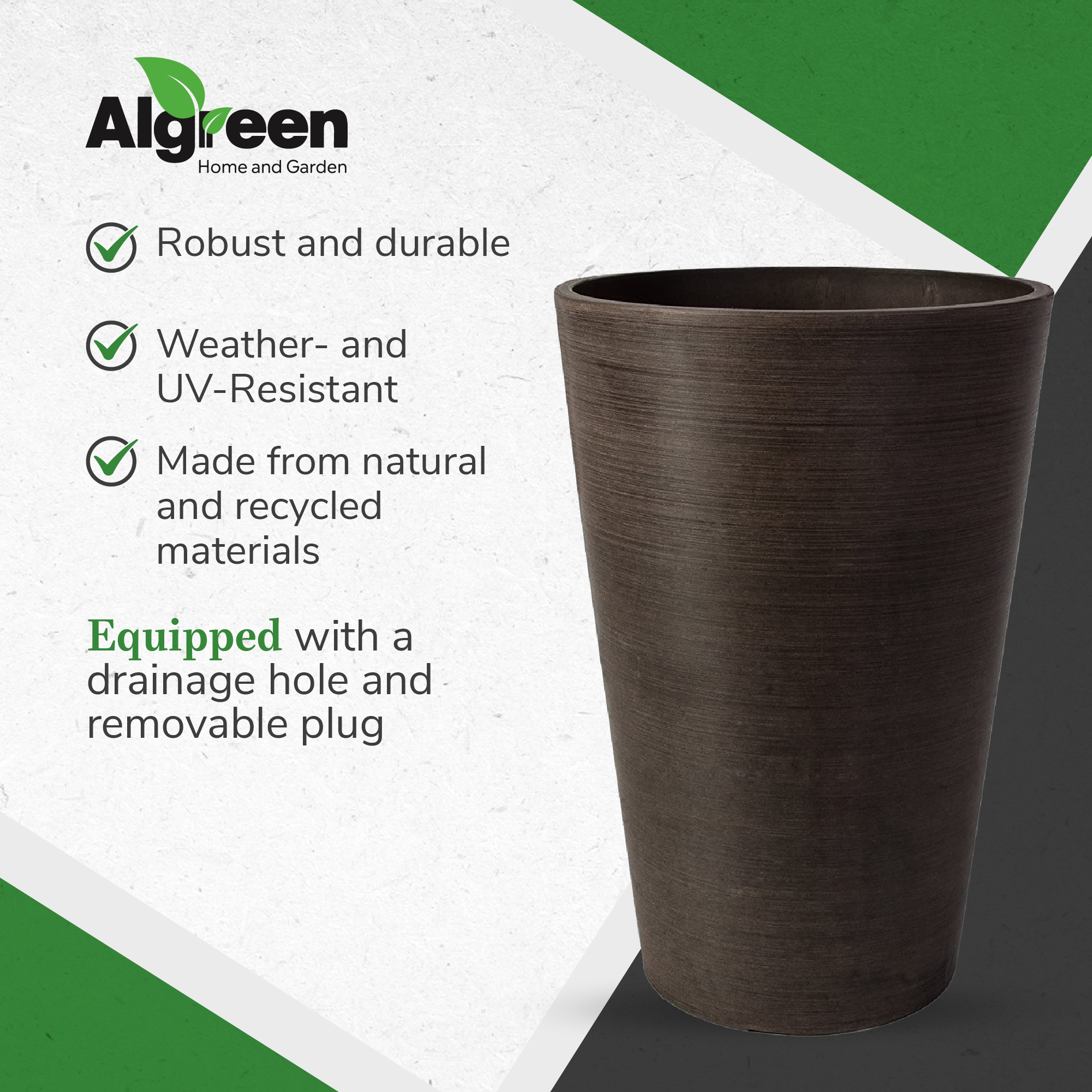 Algreen 16130 Valencia 12 x 18 Inch Round Taper Recycled Planter Pot, Chocolate - VMInnovations