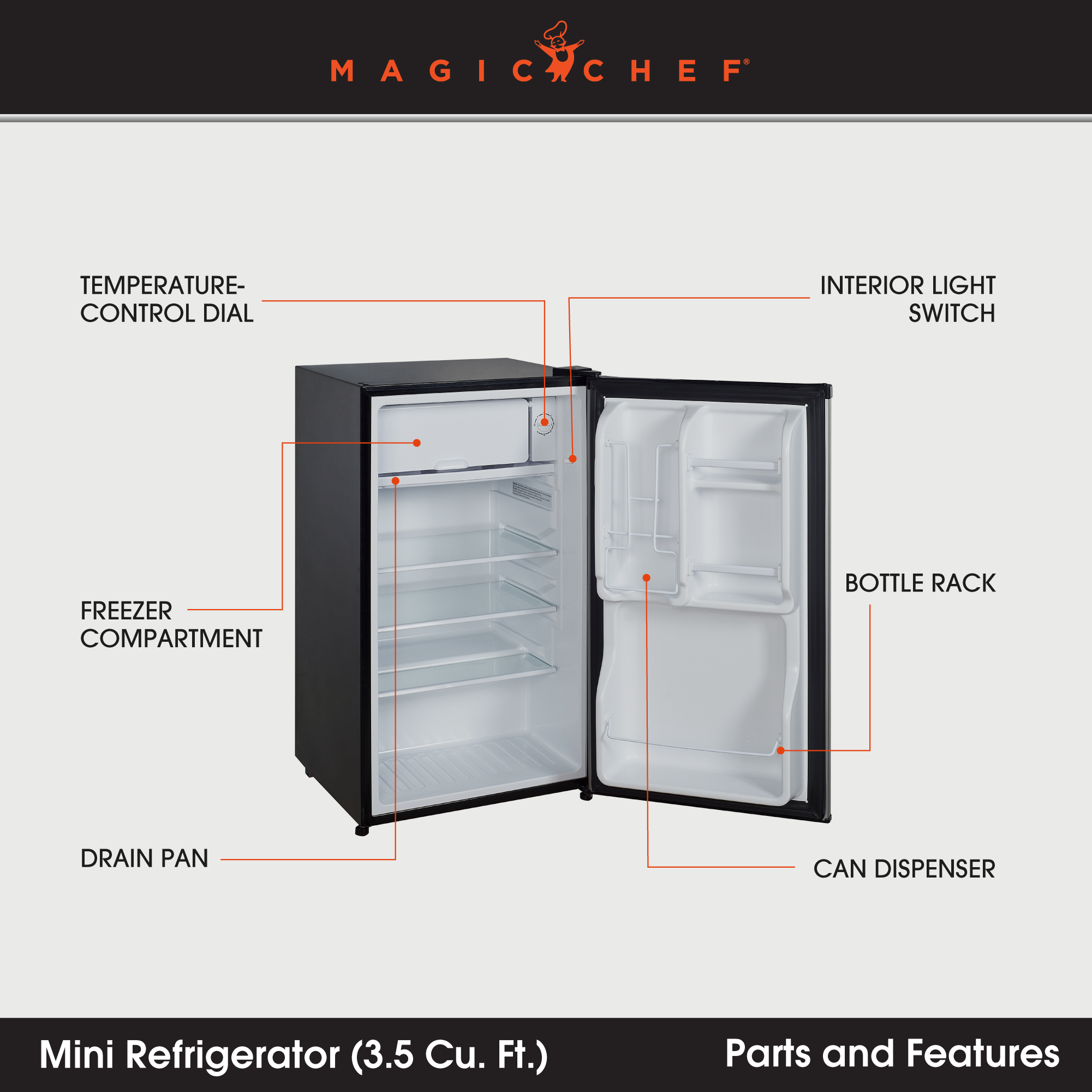 Magic Chef 3.5 Cubic Feet Compact Mini Refrigerator & Freezer, Silver(For Parts)