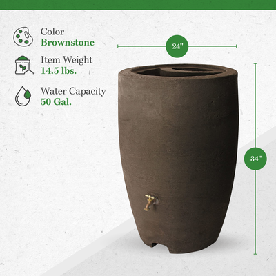 Algreen Athena 50 Gallon Plastic Rain Water Collection Drum Barrel, Brownstone