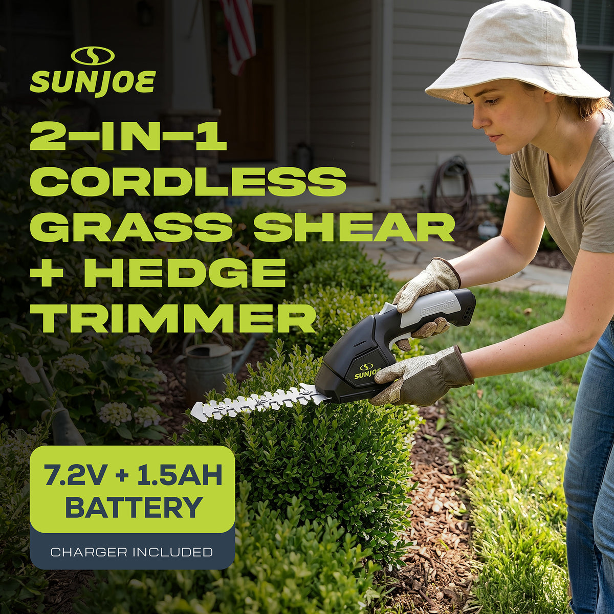 Sun Joe 2 in 1 Cordless Handheld Grass Shear and Hedge Trimmer, 7.2-Volt, Black