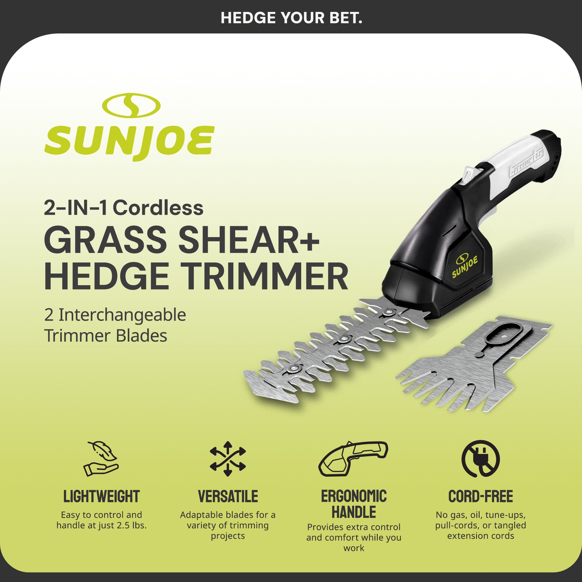 Sun Joe 2 in 1 Cordless Handheld Grass Shear and Hedge Trimmer, 7.2-Volt, Black - VMInnovations
