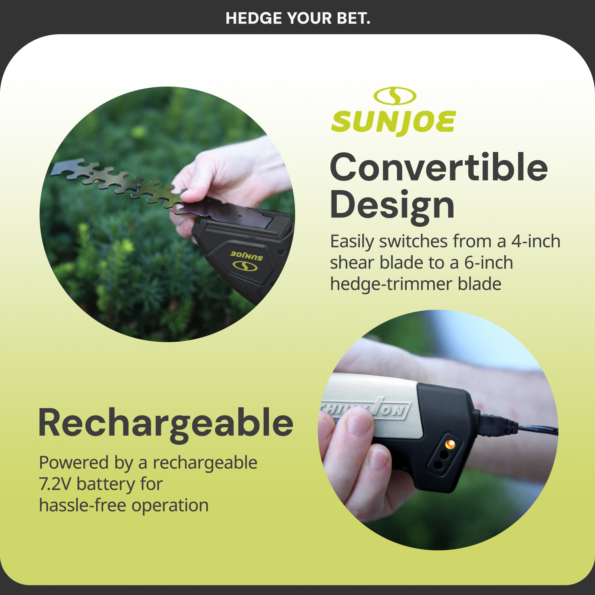 Sun Joe 2 in 1 Cordless Handheld Grass Shear and Hedge Trimmer, 7.2-Volt, Black