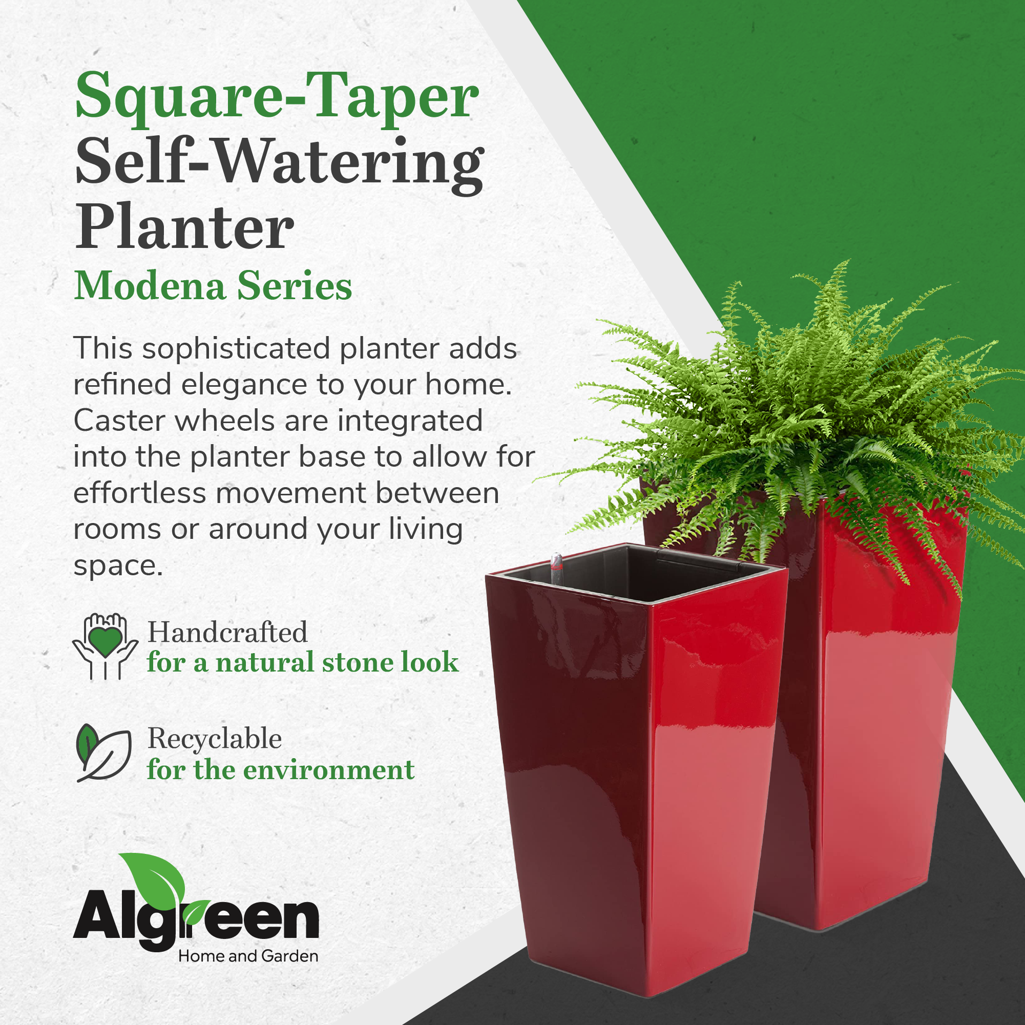 Algreen Modena 22" Inside/Outside Self-Watering Square Planter Pot w/Wheels, Red - VMInnovations