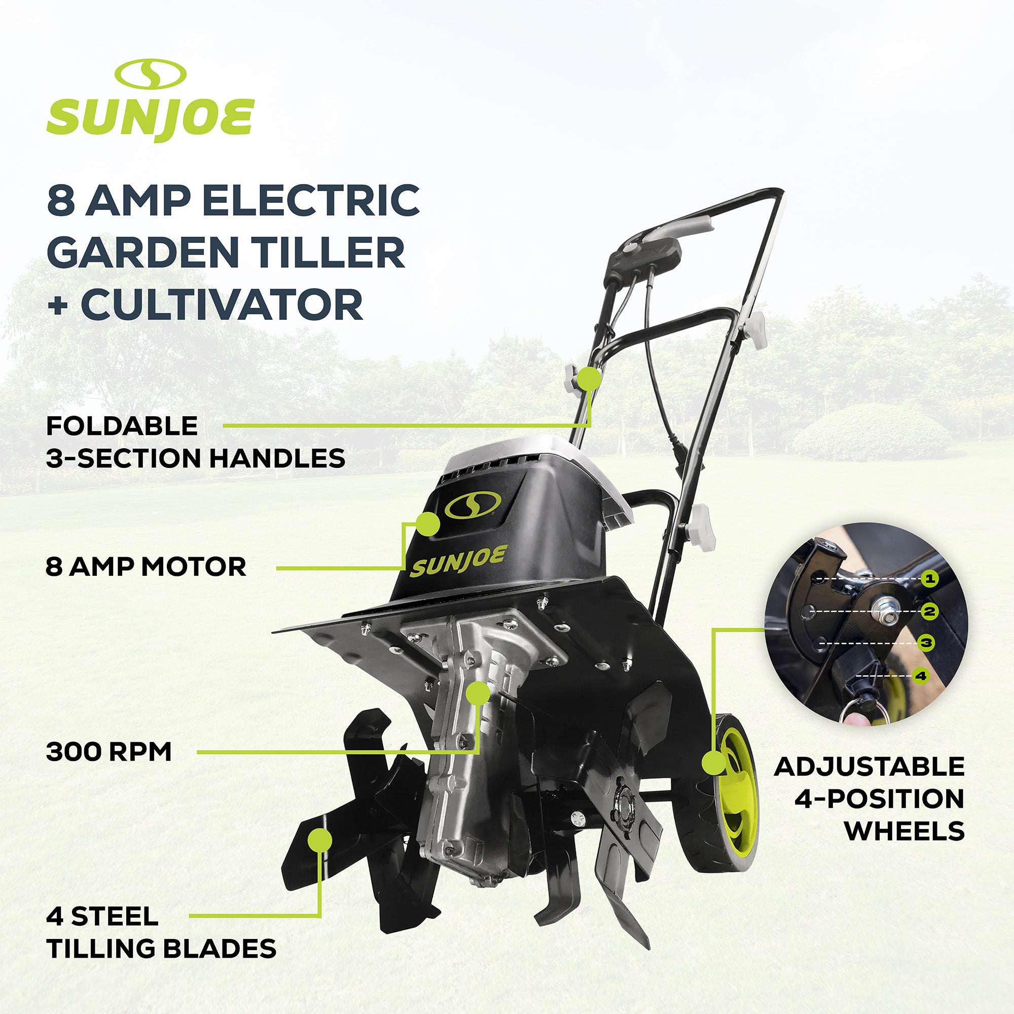 Sun Joe Electric Garden Tiller/Cultivator, 3 Position Height Adjustment, TJ602E