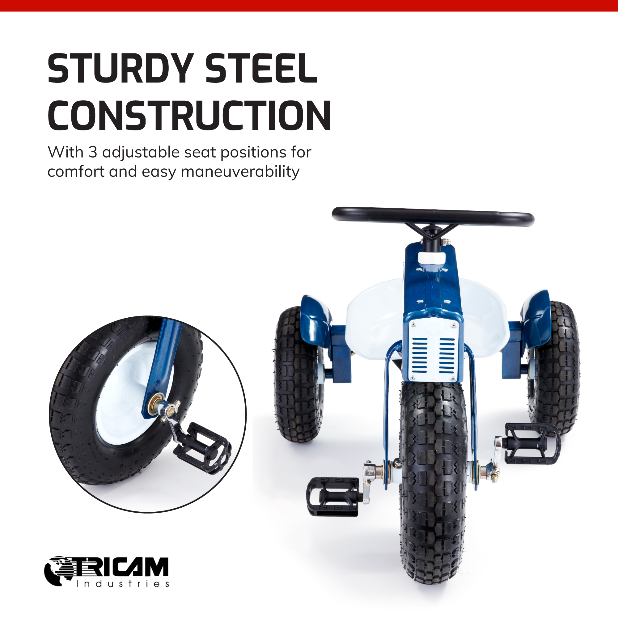 Tricam 22 Inch Kids Steel Ol Blue Tractor Tricycle w/ Adjustable Seat (Open Box) - VMInnovations