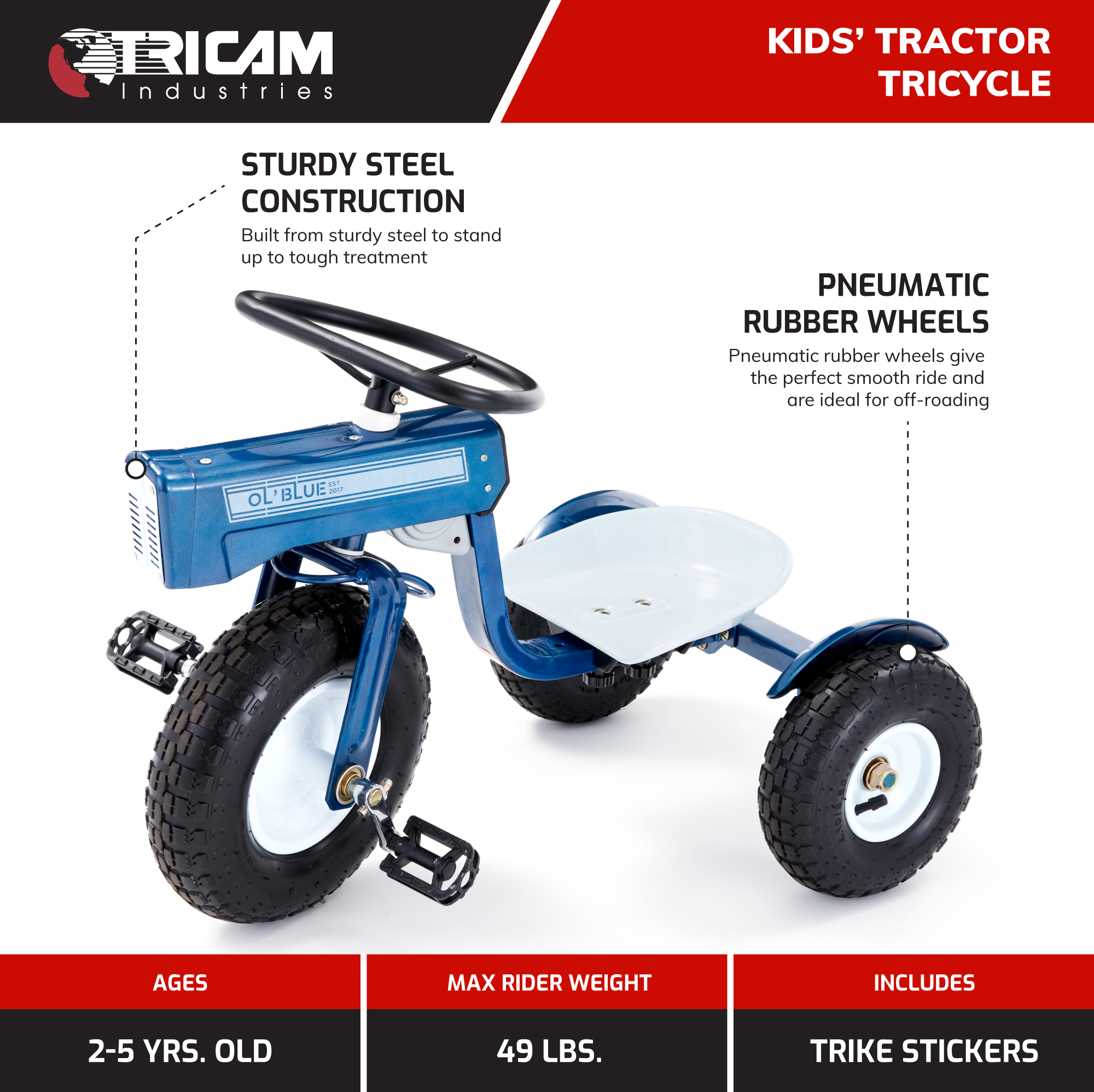 Tricam 22 Inch Kids Steel Ol Blue Tractor Tricycle w/ Adjustable Seat (Open Box) - VMInnovations