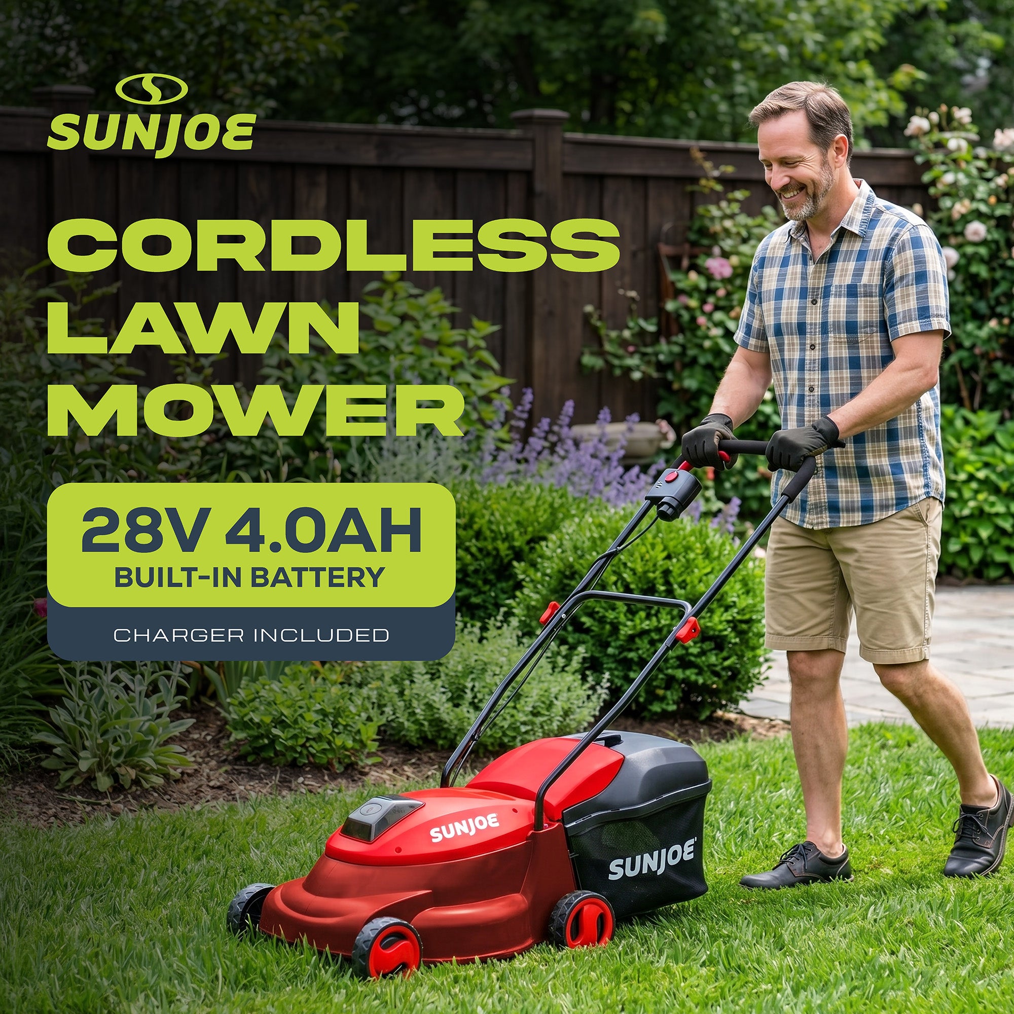 Sun Joe Cordless Lawn Mower, 28V, 14", 10.6 Gal Detachable Bag, MJ401C-XR-RED - VMInnovations