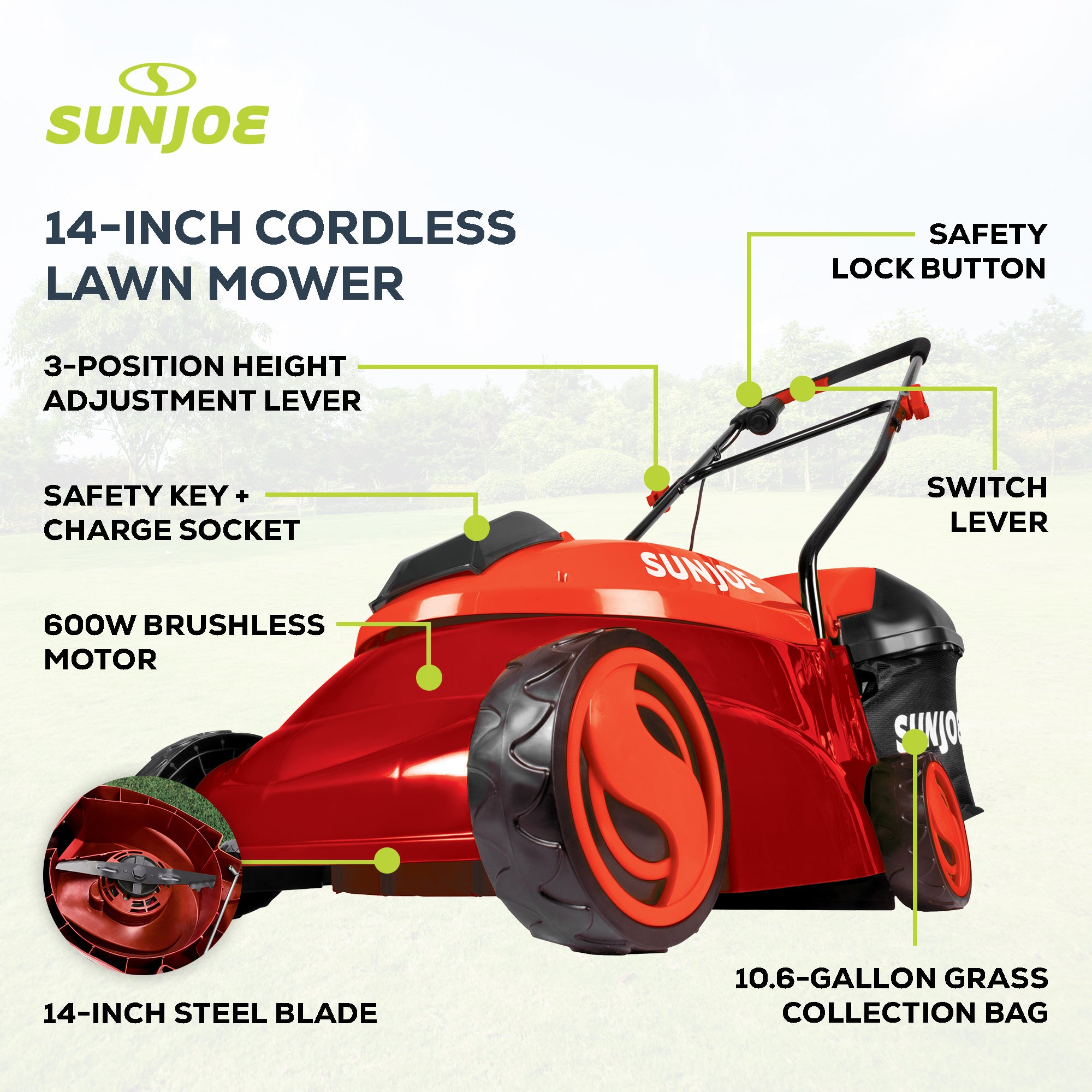 Sun Joe Cordless Lawn Mower, 28V, 14", 10.6 Gal Detachable Bag, MJ401C-XR-RED - VMInnovations