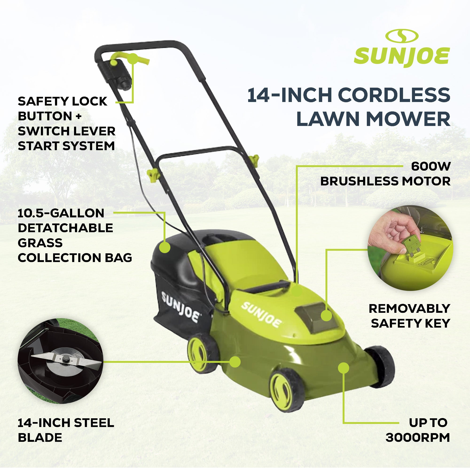 Sun Joe 14" Electric Cordless Lawn Mower with 10.6 Gal Grass Catcher, MJ401C-XR