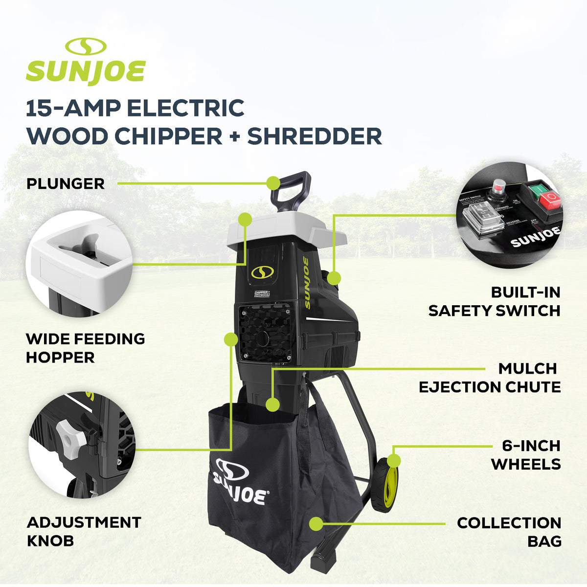 Sun Joe Silent Wood Chipper Shredder, 15 Amp Machine with 1.7" Diameter (Used) - VMInnovations