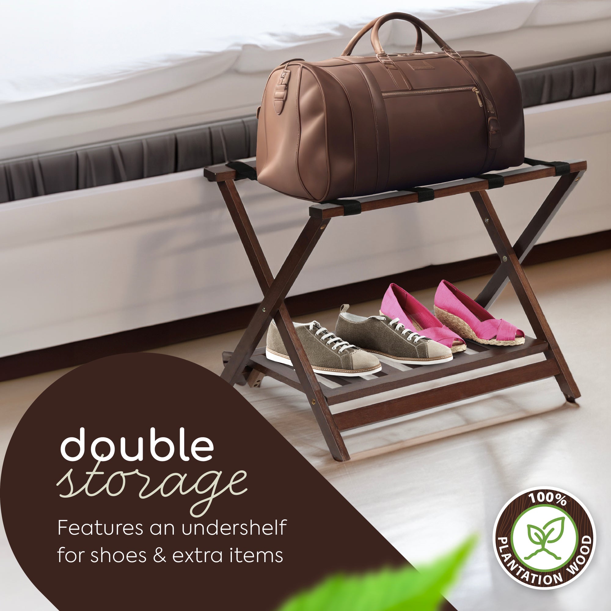 Hotel Style Wood Home Folding Suitcase Luggage Rack with Shelf, Walnut (Used) - VMInnovations