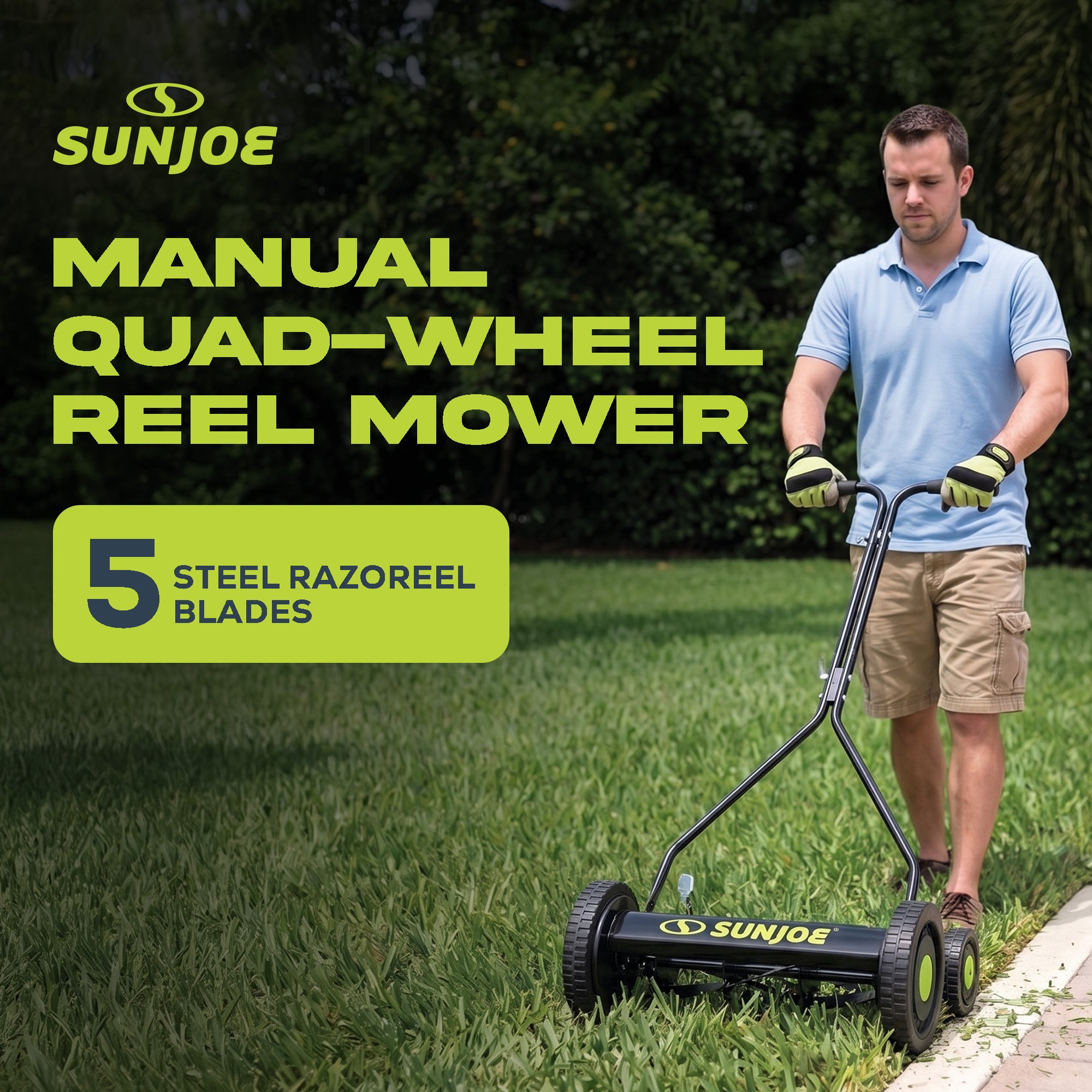 Sun Joe Cordless, Manual Push Steel Reel Lawn Mower, 14 Inch, Green, MJ503M