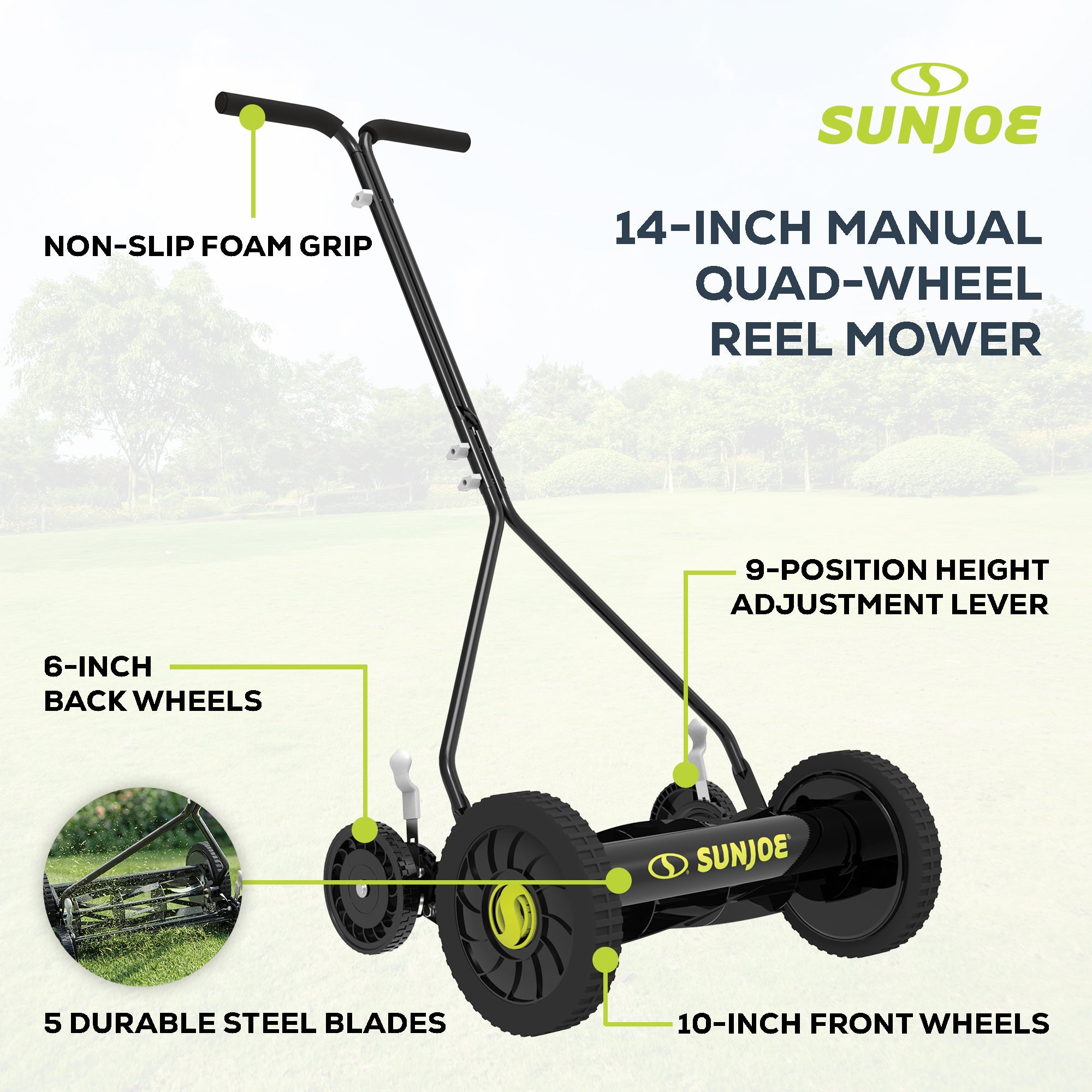 Sun Joe Cordless, Manual Push Steel Reel Lawn Mower, 14 Inch, Green, MJ503M