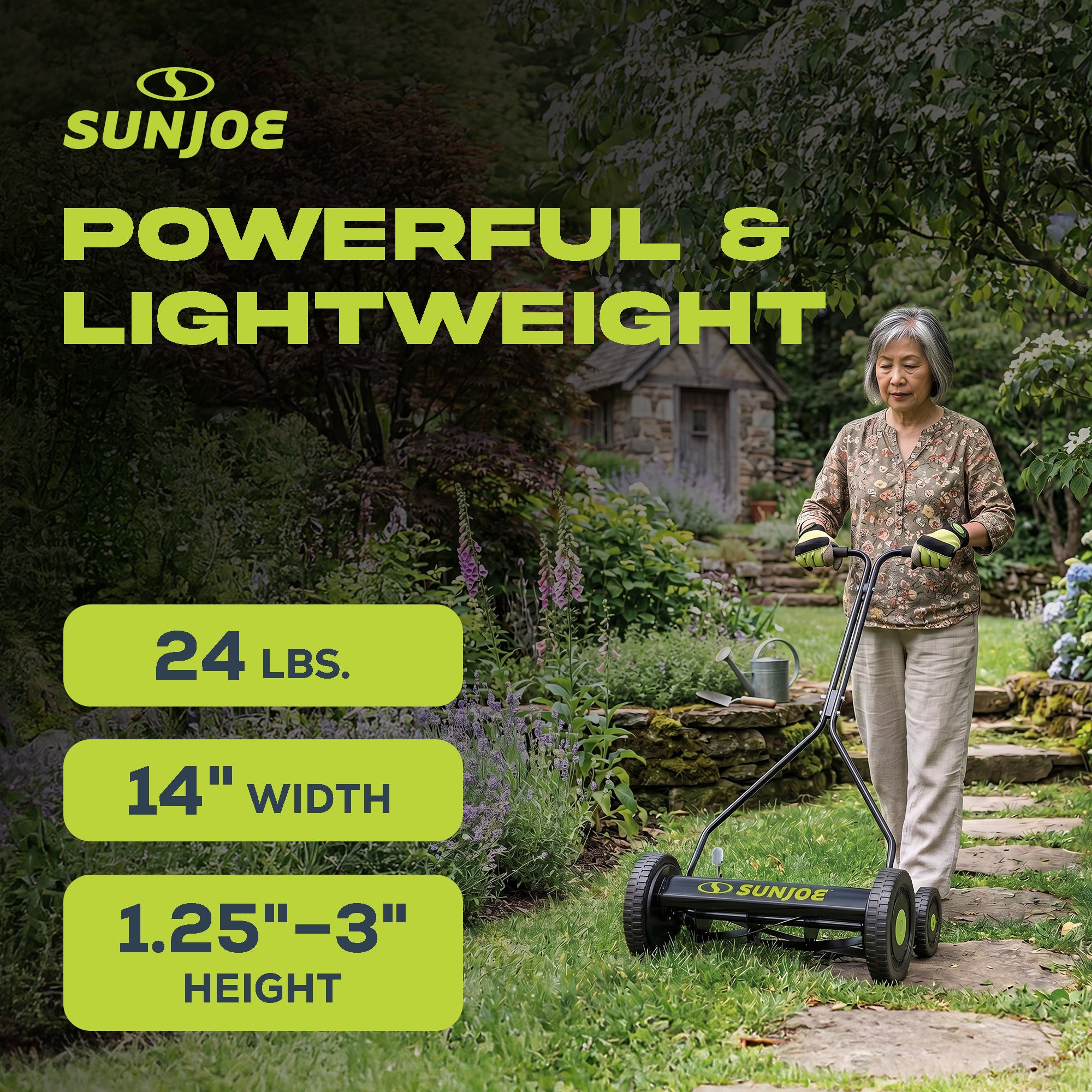 Sun Joe Cordless, Manual Push Steel Reel Lawn Mower, 14 Inch, Green, MJ503M