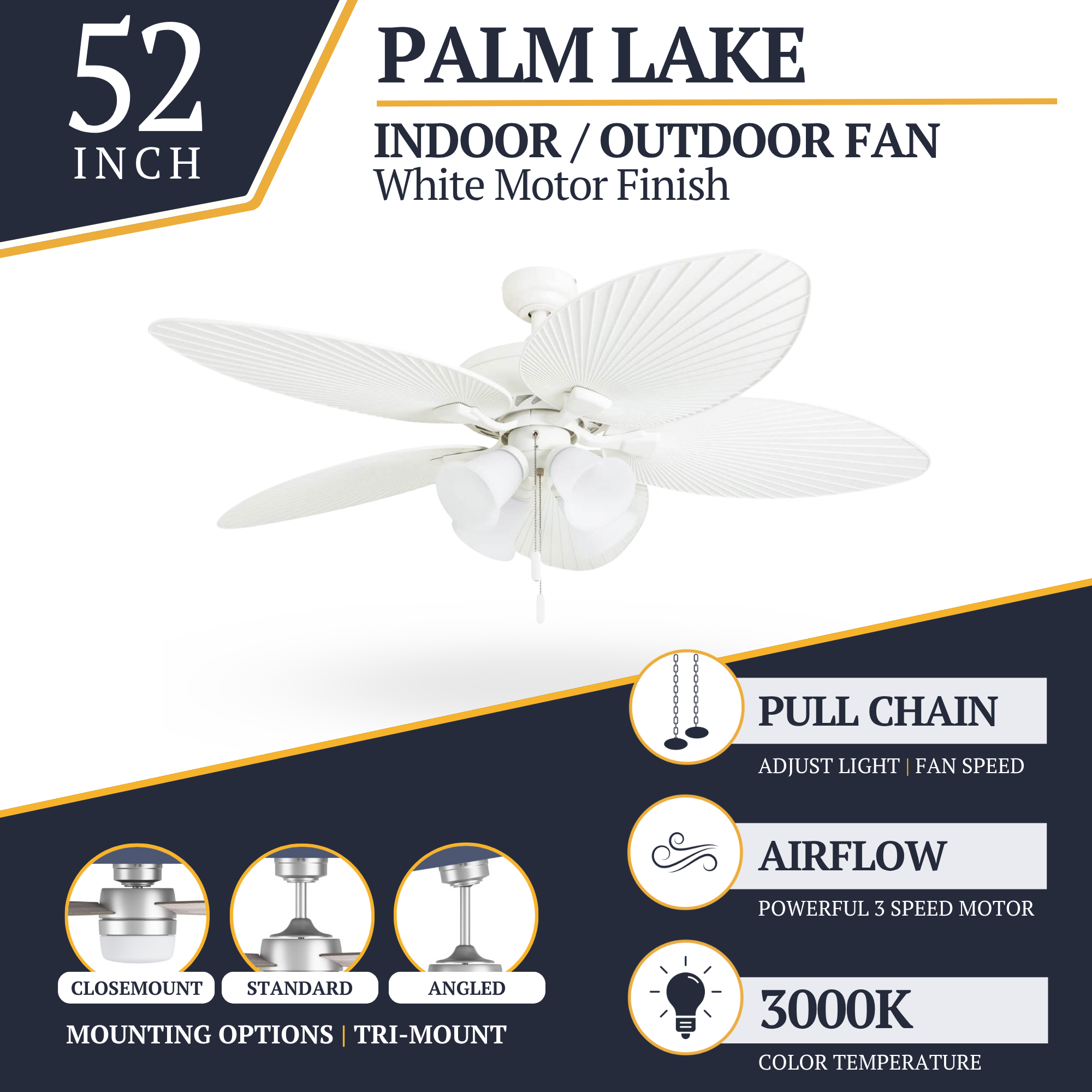 Prominence Home Palm Lake 52" Indoor Outdoor Ceiling Fan with Pull Chain, White - VMInnovations