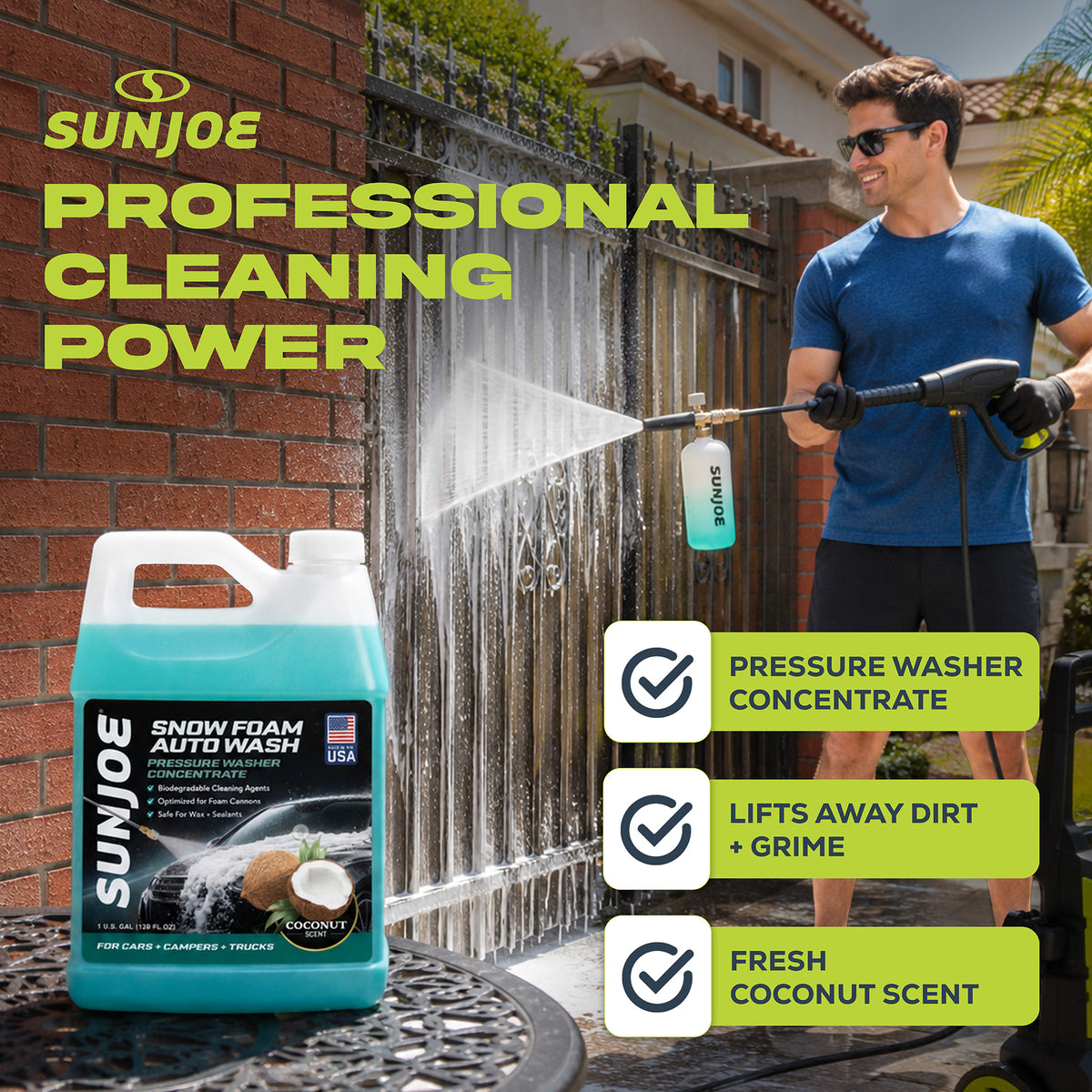 Sun Joe Premium Snow Foam Coconut Scent Car Washing Soap & Cleaner, 1 Gallon - VMInnovations