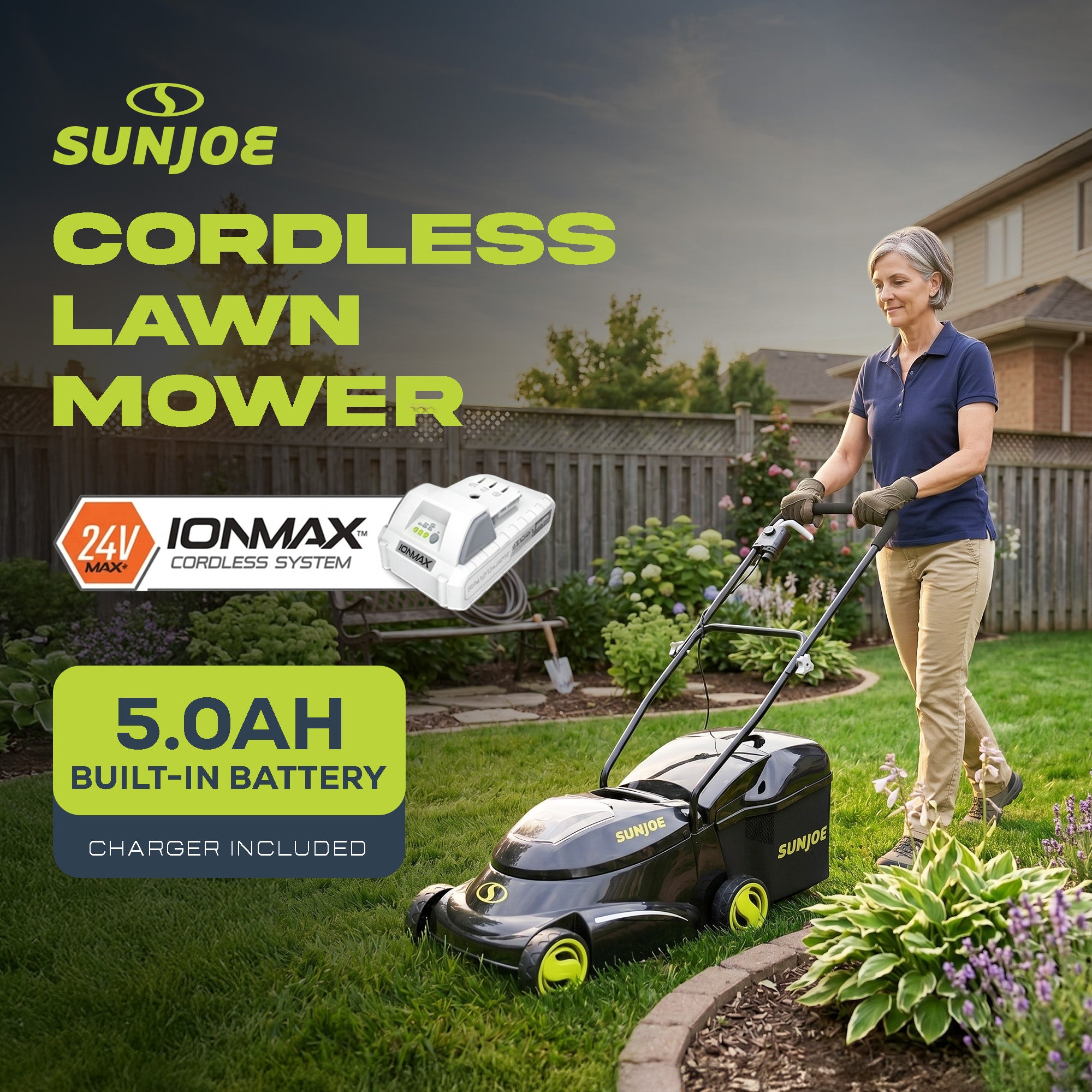 Sun Joe Cordless, Brushless Lawn Mower Kit, Rear Grass Bag, Green, MJ24C-14-XR