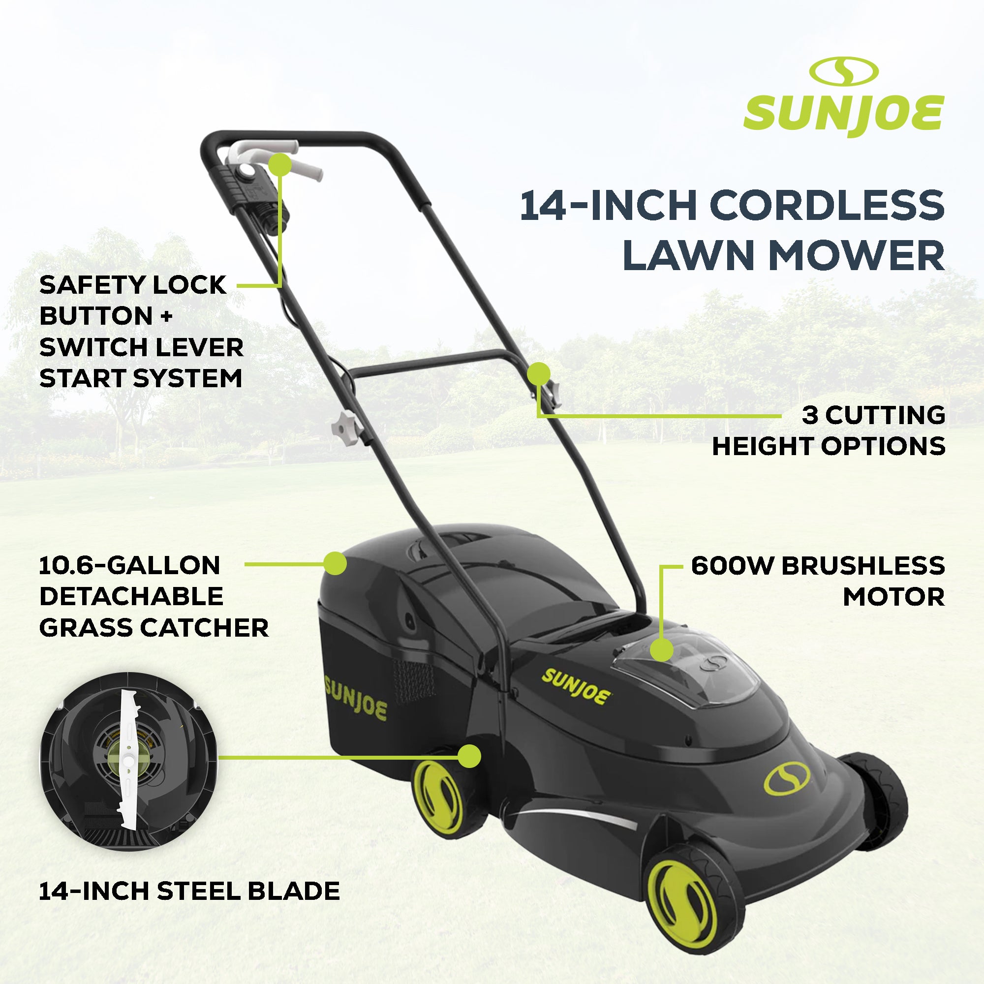 Sun Joe Cordless, Brushless Lawn Mower Kit, Rear Grass Bag, Green, MJ24C-14-XR