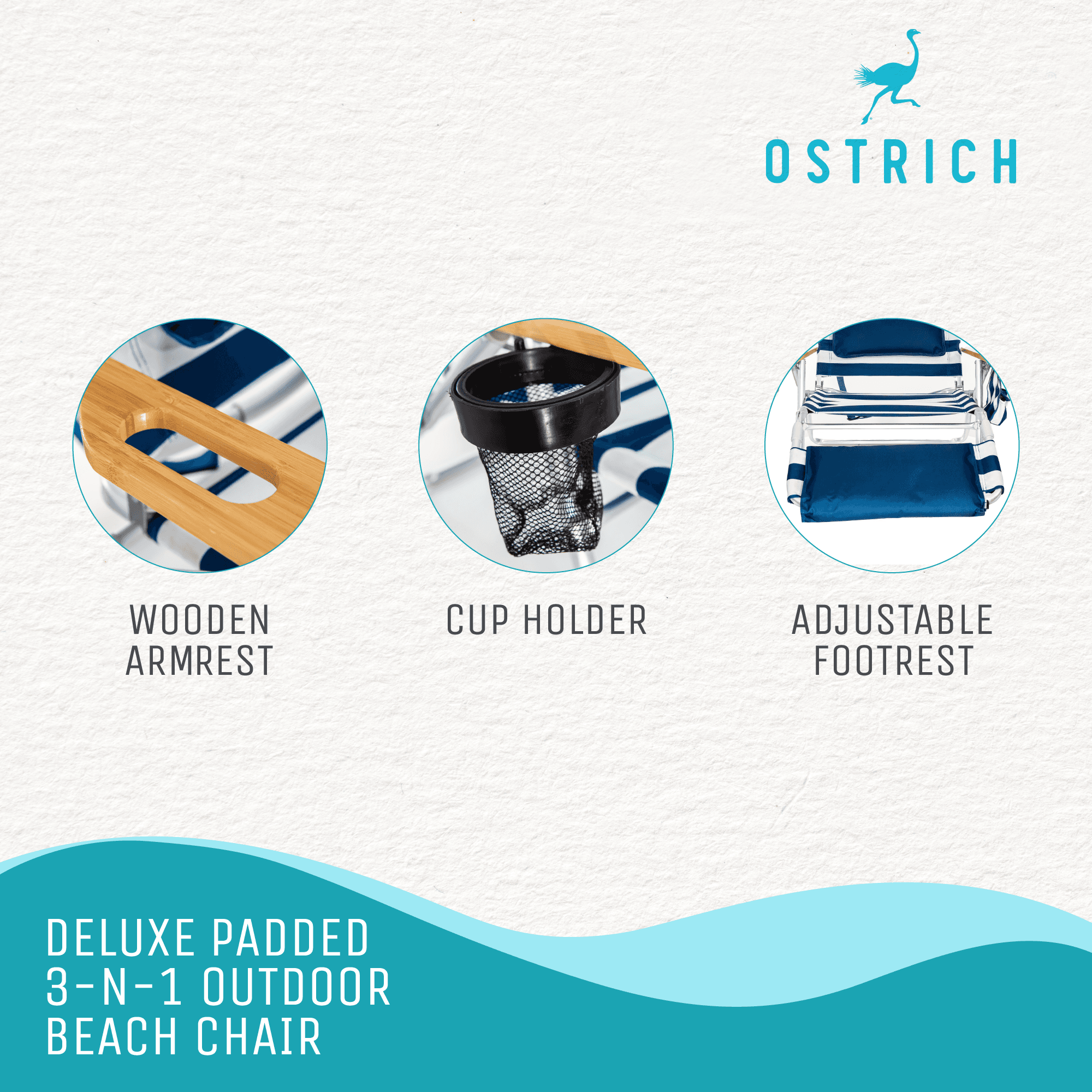 Ostrich Deluxe 3N1 Outdoor Lawn Beach Lounge Chair with Footrest, Stripe (Used) - VMInnovations