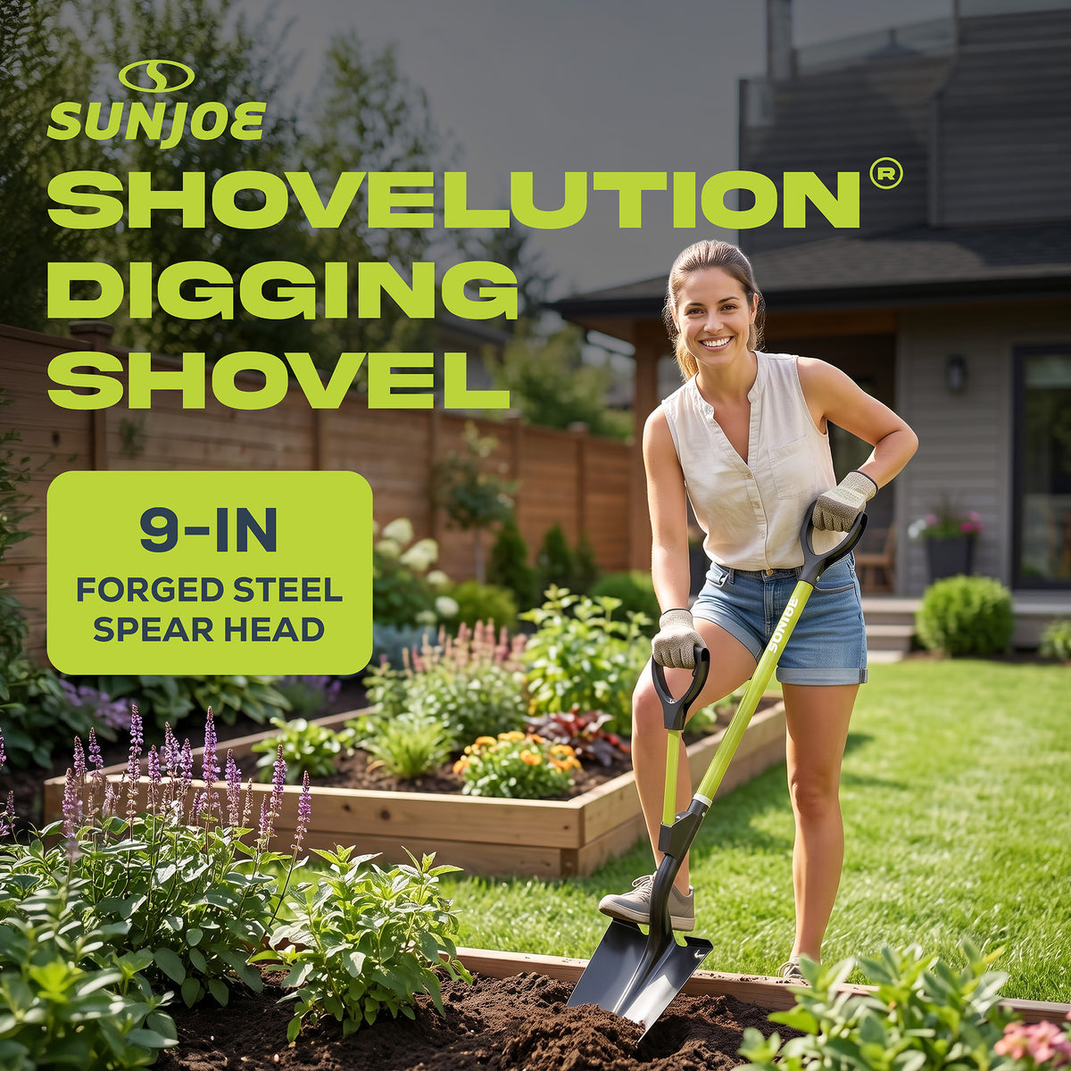 Sun Joe 9“ Digging Shovel, Assist Handle, Shovelution, Black/Green, SJ-SHLV07 - VMInnovations