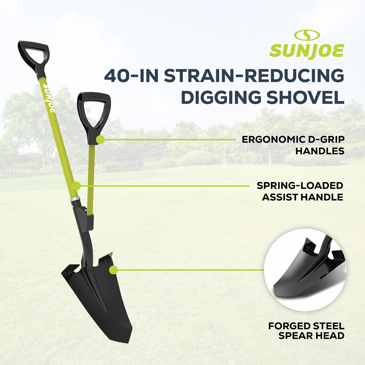 Sun Joe 9“ Digging Shovel, Assist Handle, Shovelution, Black/Green, SJ-SHLV07 - VMInnovations