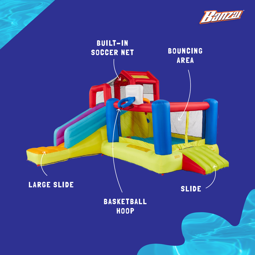 Banzai Outdoor Bounce House with Slide, Climbing Wall and 2 Sports Activities - VMInnovations
